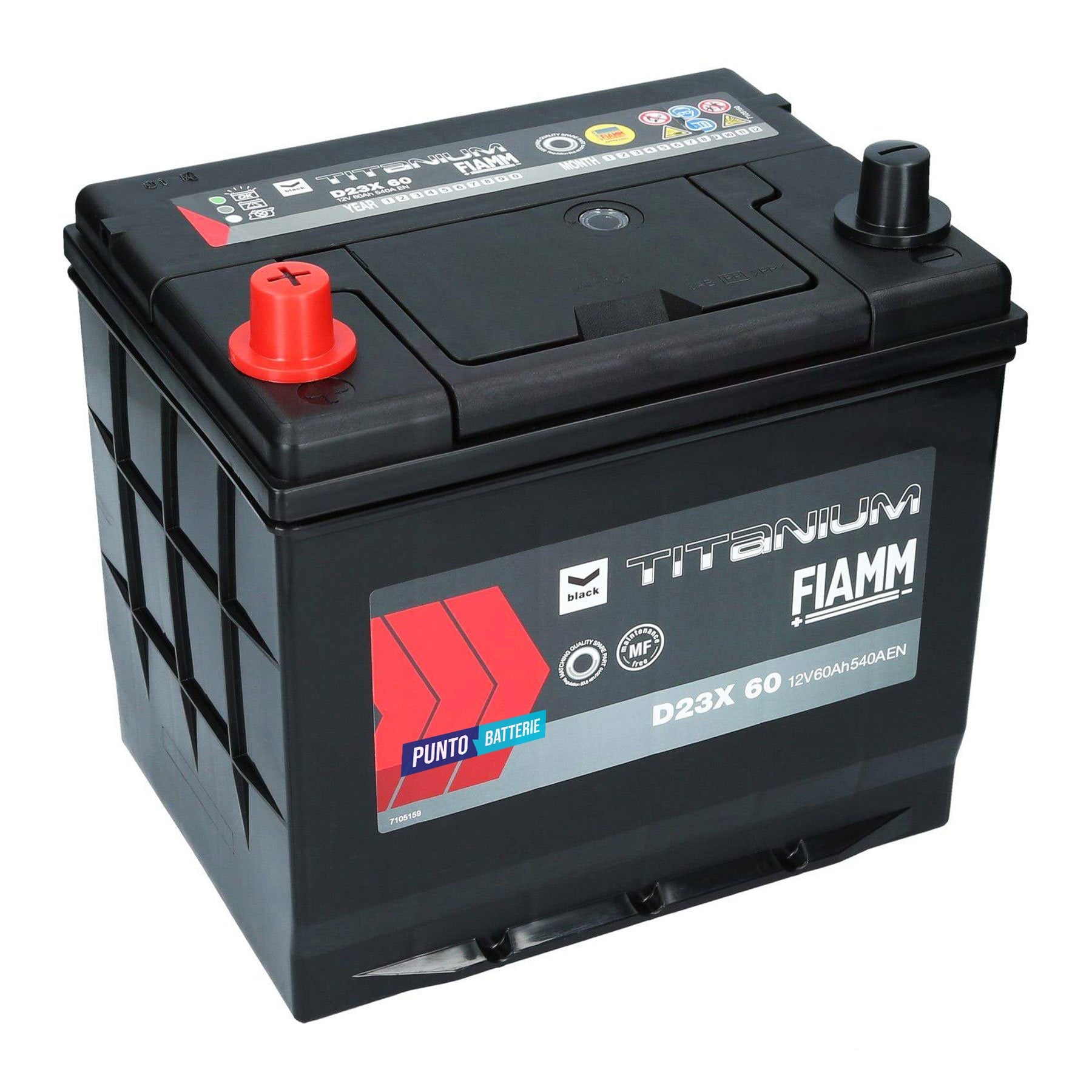 Batteria originale Fiamm Black Titanium D23X 60, dimensioni 230 x 170 x 223, polo positivo a sinistra, 12 volt, 60 amperora, 540 ampere. Batteria per auto e veicoli leggeri.
