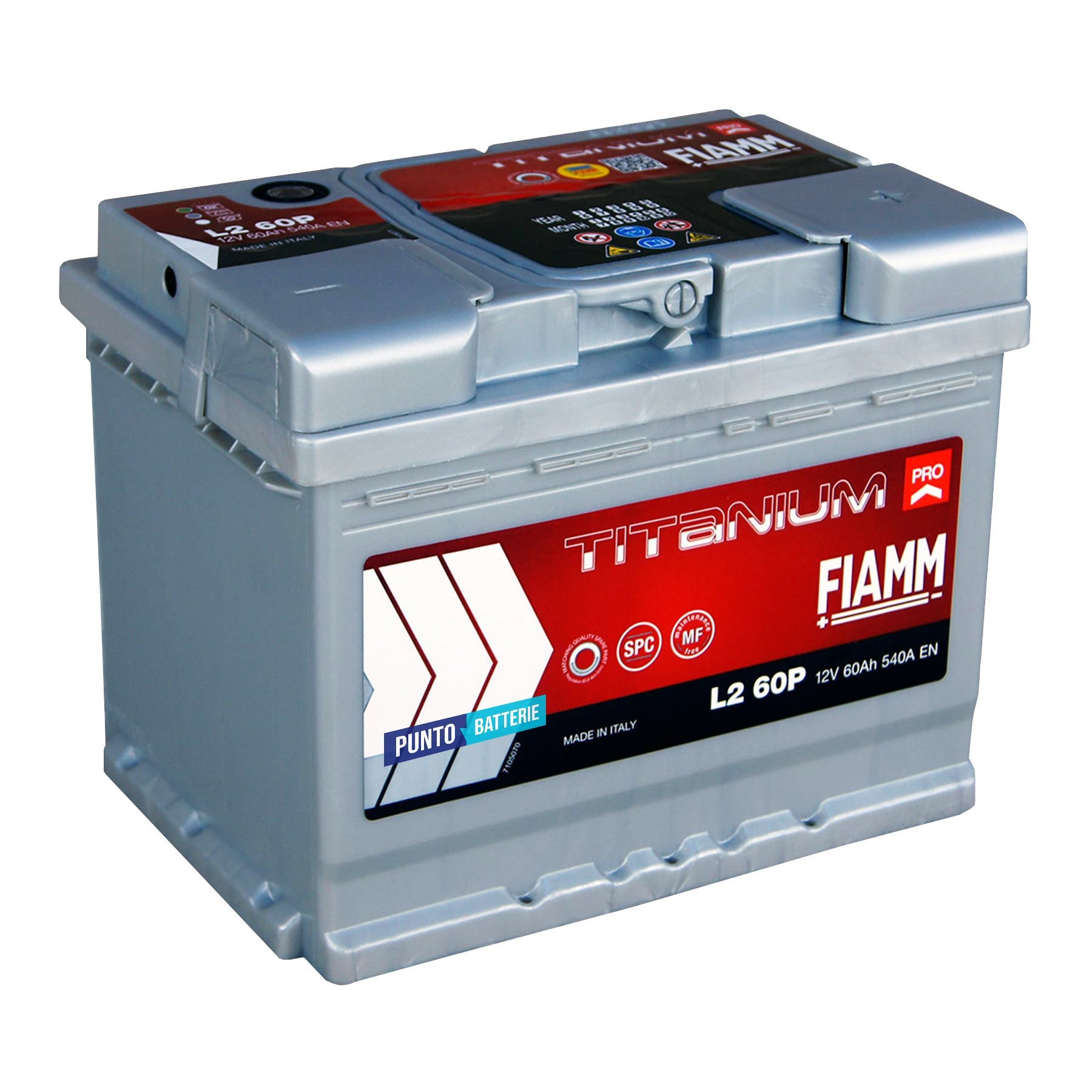 Batteria originale Fiamm Titanium PRO L2 60P, dimensioni 242 x 175 x 190, polo positivo a destra, 12 volt, 60 amperora, 540 ampere. Batteria per auto e veicoli leggeri.