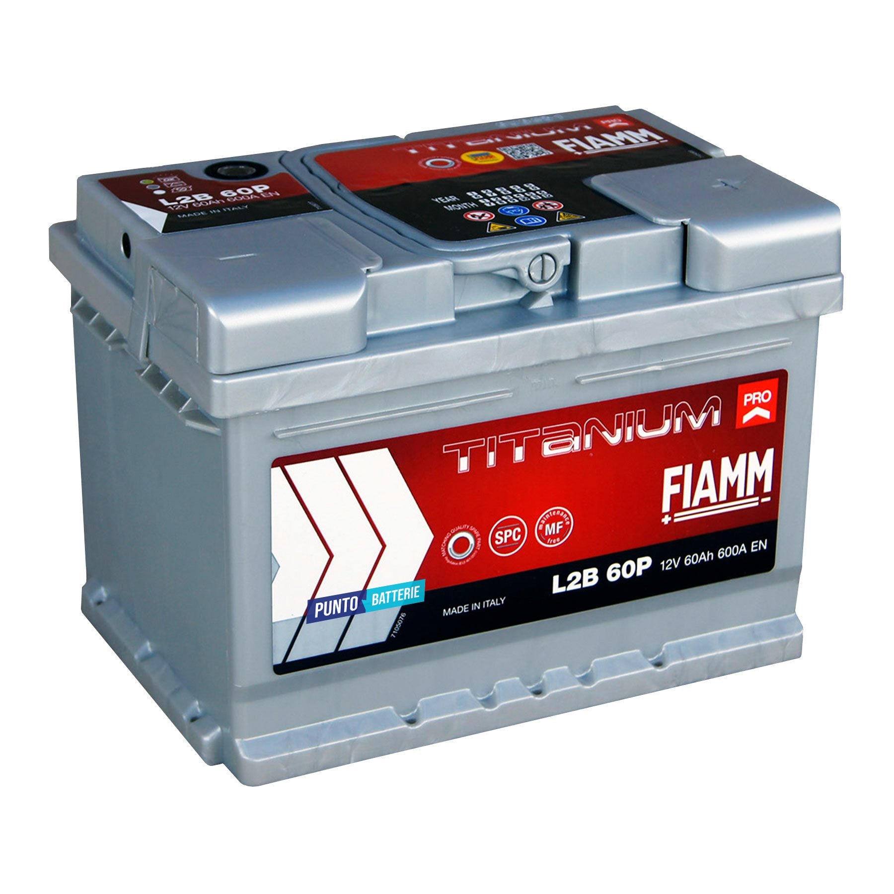 Batteria originale Fiamm Titanium PRO L2B 60P, dimensioni 242 x 175 x 175, polo positivo a destra, 12 volt, 60 amperora, 600 ampere. Batteria per auto e veicoli leggeri.