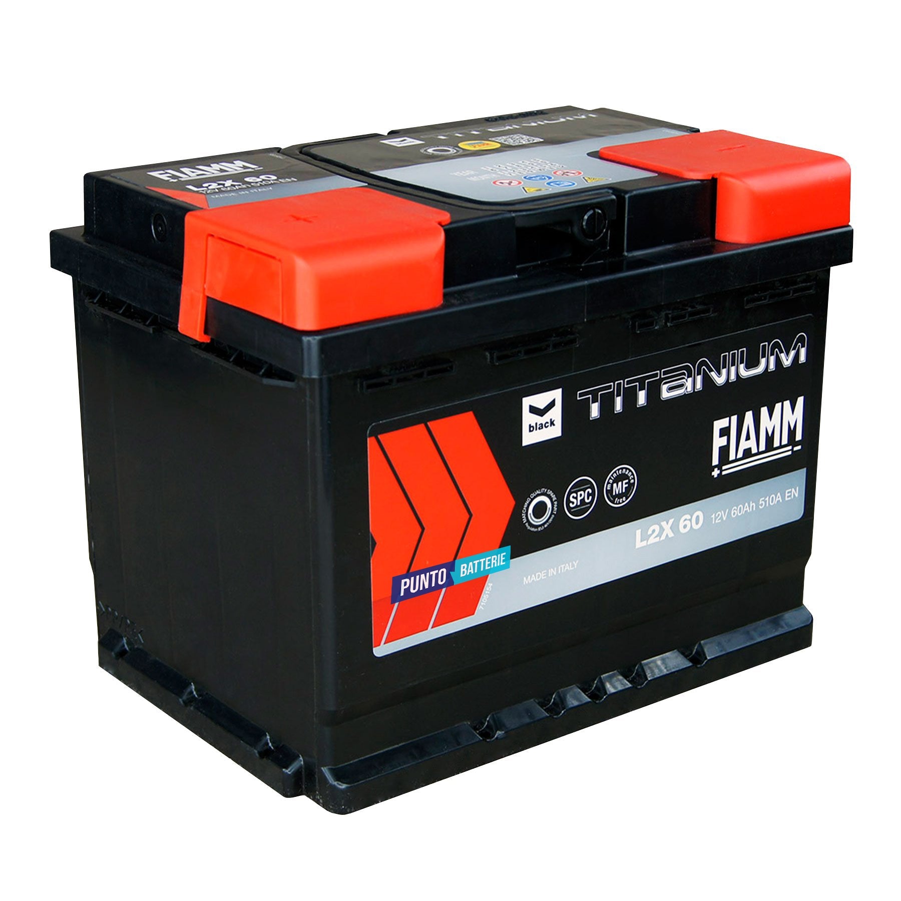 Batteria originale Fiamm Black Titanium L2X 60, dimensioni 242 x 175 x 190, polo positivo a sinistra, 12 volt, 60 amperora, 510 ampere. Batteria per auto e veicoli leggeri.