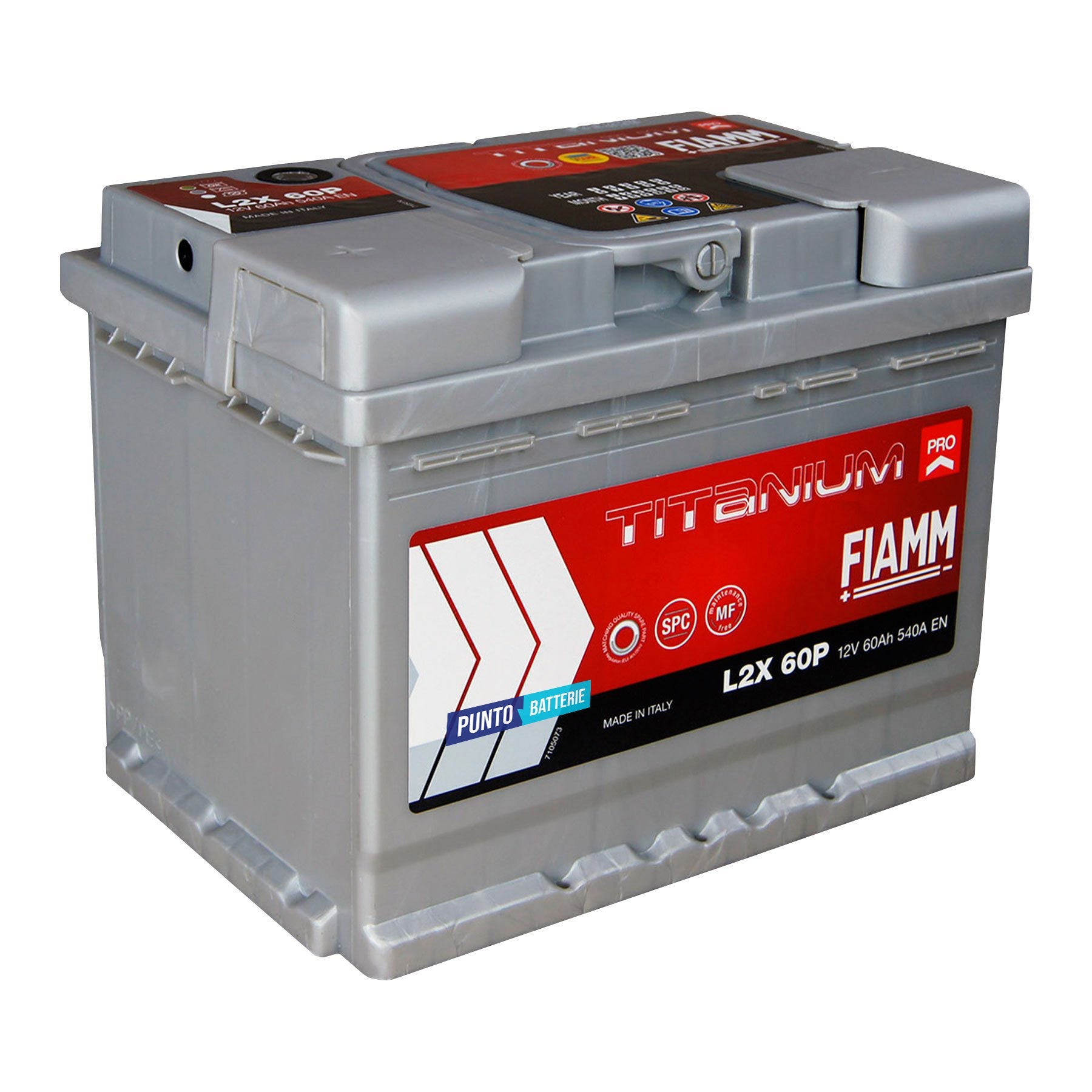 Batteria originale Fiamm Titanium PRO L2X 60P, dimensioni 242 x 175 x 190, polo positivo a sinistra, 12 volt, 60 amperora, 540 ampere. Batteria per auto e veicoli leggeri.