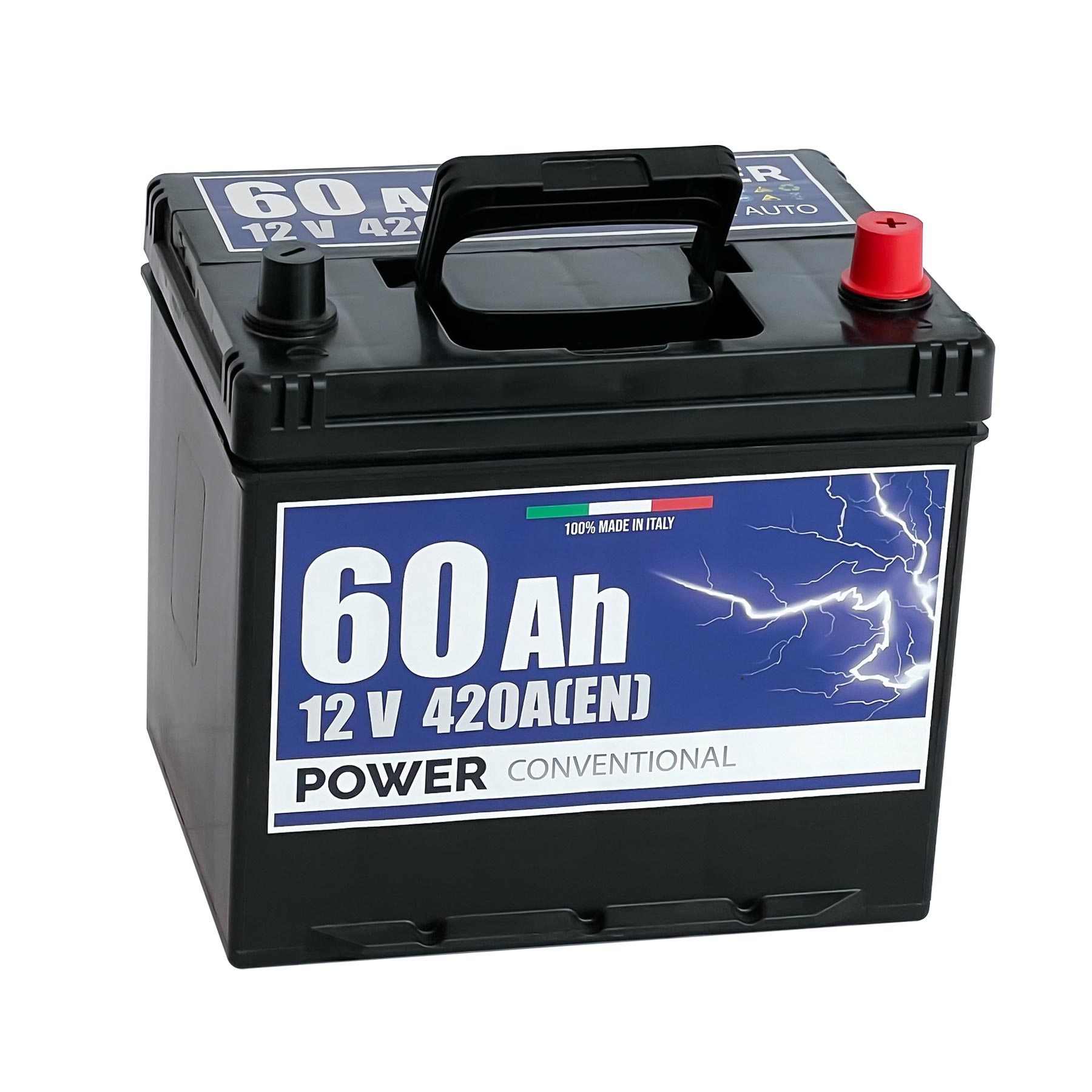 Batteria originale Power Conventional PB604, dimensioni 230 x 170 x 222, polo positivo a destra, 12 volt, 60 amperora, 420 ampere. Batteria per auto e veicoli leggeri.