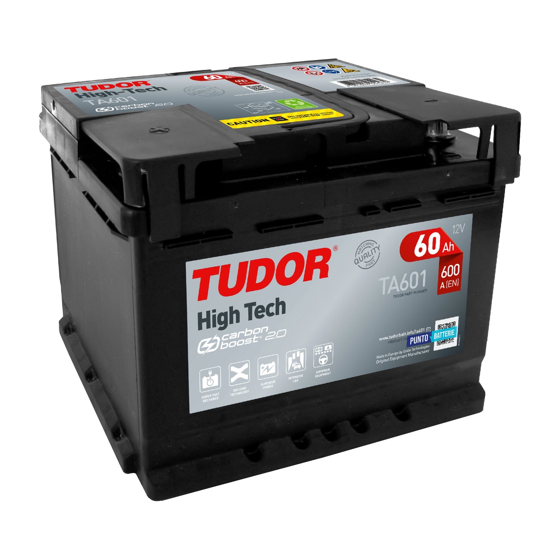 Batteria originale Tudor High Tech TA601, dimensioni 242 x 175 x 190, polo positivo a sinistra, 12 volt, 60 amperora, 600 ampere. Batteria per auto e veicoli leggeri.