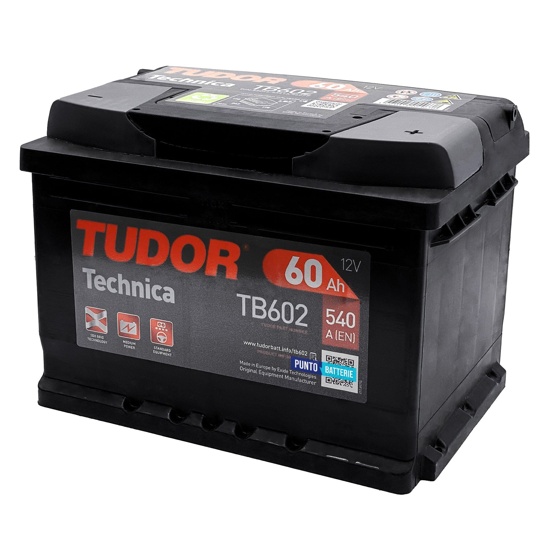 Batteria originale Tudor Technica TB602, dimensioni 242 x 175 x 175, polo positivo a destra, 12 volt, 60 amperora, 540 ampere. Batteria per auto e veicoli leggeri.