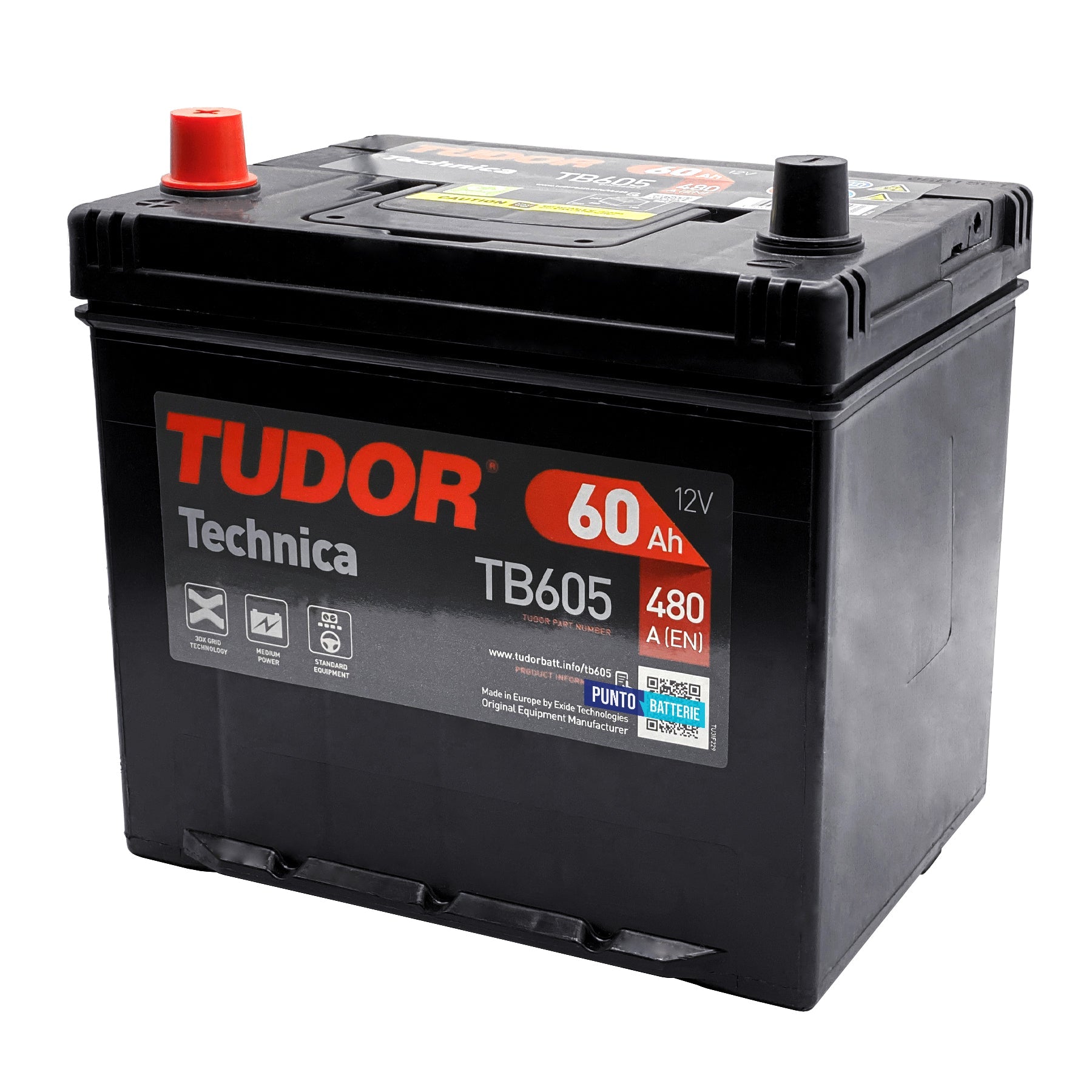 Batteria originale Tudor Technica TB605, dimensioni 230 x 173 x 222, polo positivo a sinistra, 12 volt, 60 amperora, 480 ampere. Batteria per auto e veicoli leggeri.