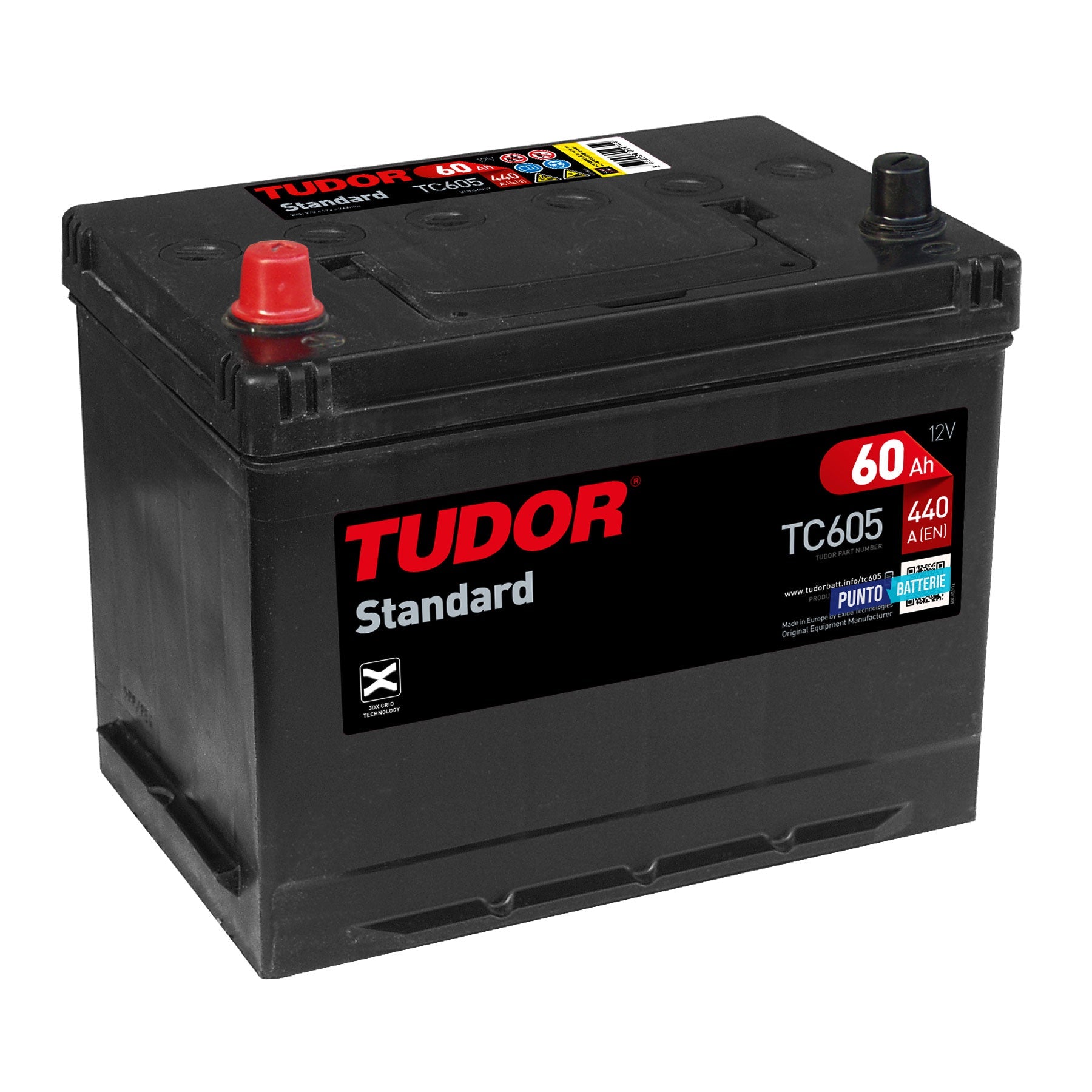 Batteria originale Tudor Standard TC605, dimensioni 270 x 173 x 222, polo positivo a sinistra, 12 volt, 60 amperora, 440 ampere. Batteria per auto e veicoli leggeri.