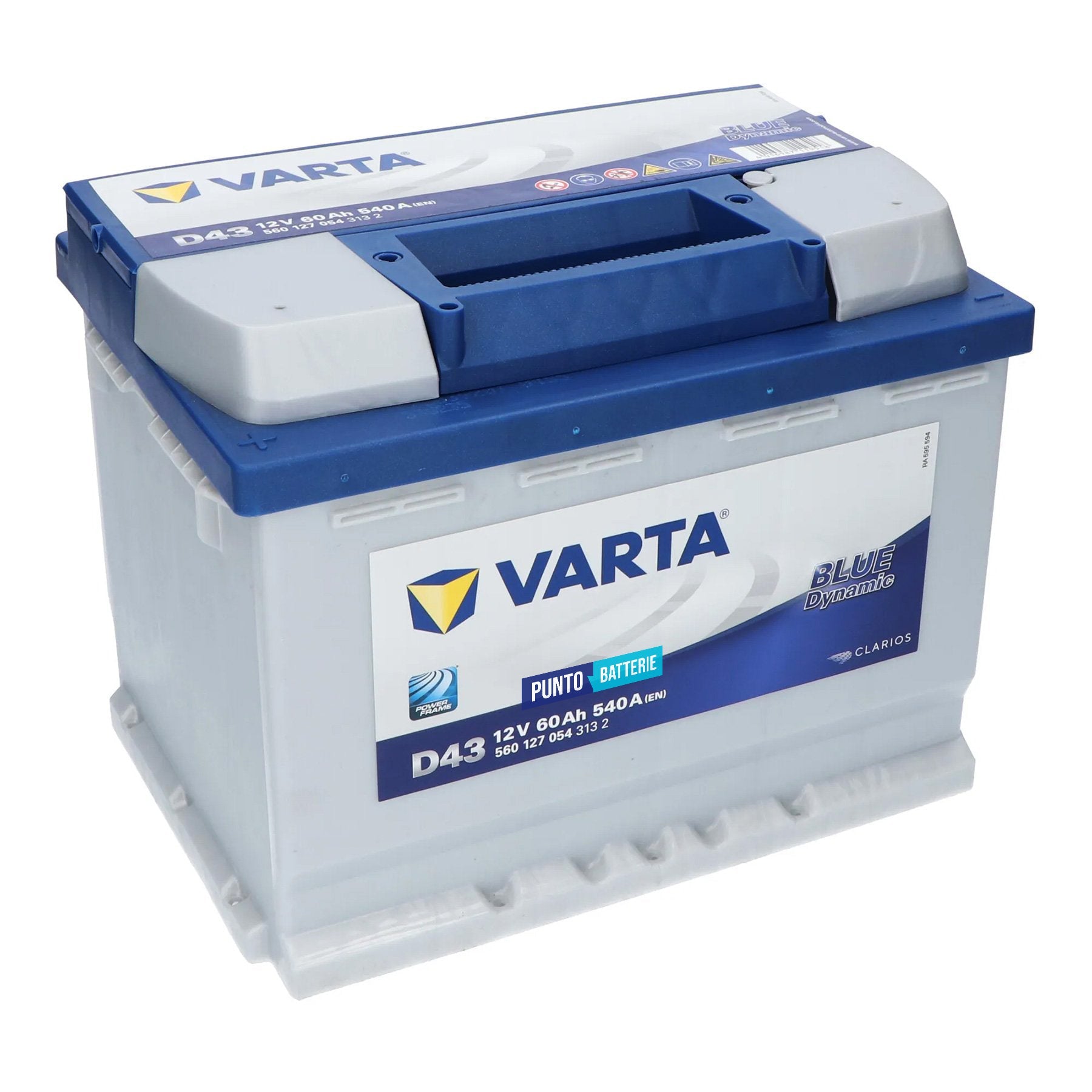 Batteria originale Varta Blue Dynamic D43, dimensioni 242 x 175 x 190, polo positivo a sinistra, 12 volt, 60 amperora, 540 ampere. Batteria per auto e veicoli leggeri.