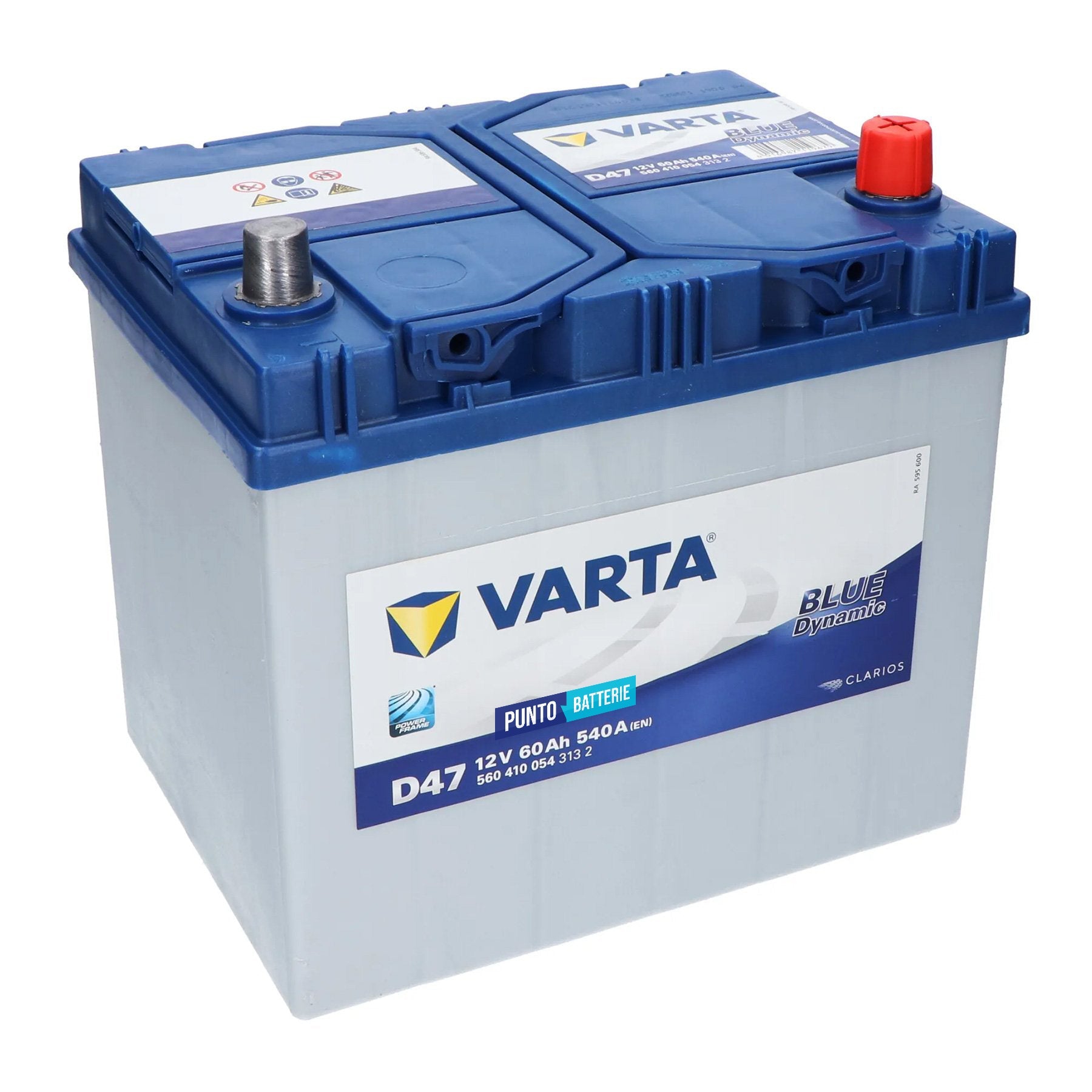 Batteria originale Varta Blue Dynamic D47, dimensioni 232 x 173 x 225, polo positivo a destra, 12 volt, 60 amperora, 540 ampere. Batteria per auto e veicoli leggeri.