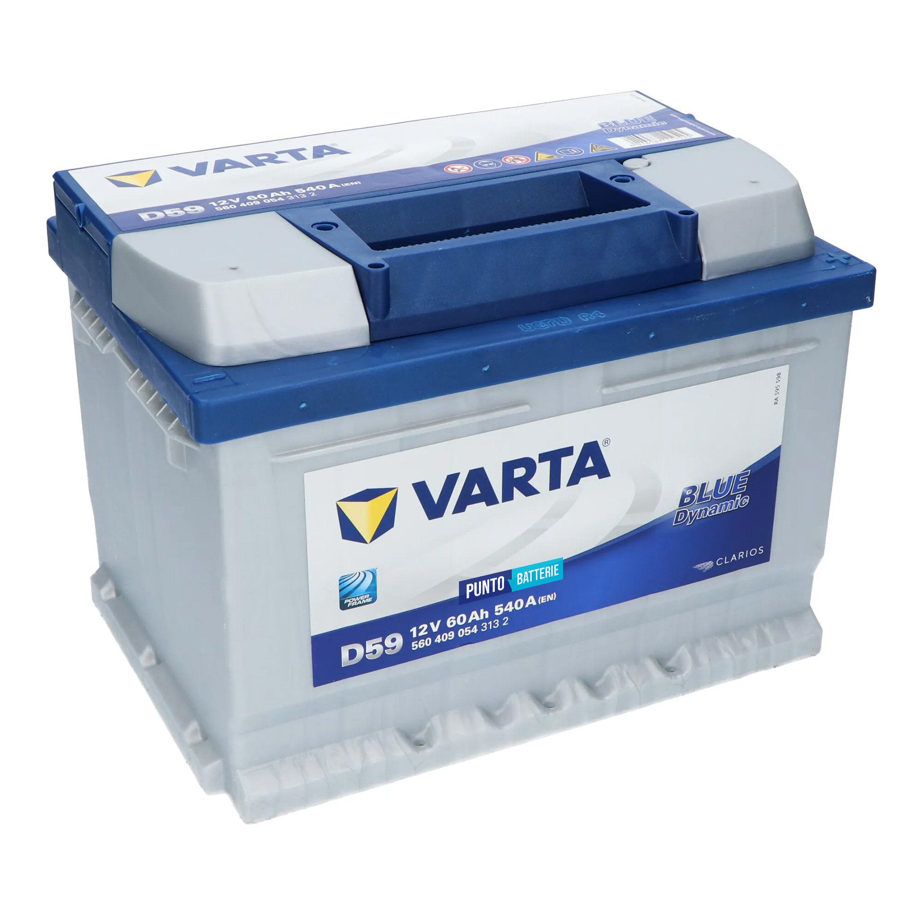 Batteria originale Varta Blue Dynamic D59, dimensioni 242 x 175 x 175, polo positivo a destra, 12 volt, 60 amperora, 540 ampere. Batteria per auto e veicoli leggeri.