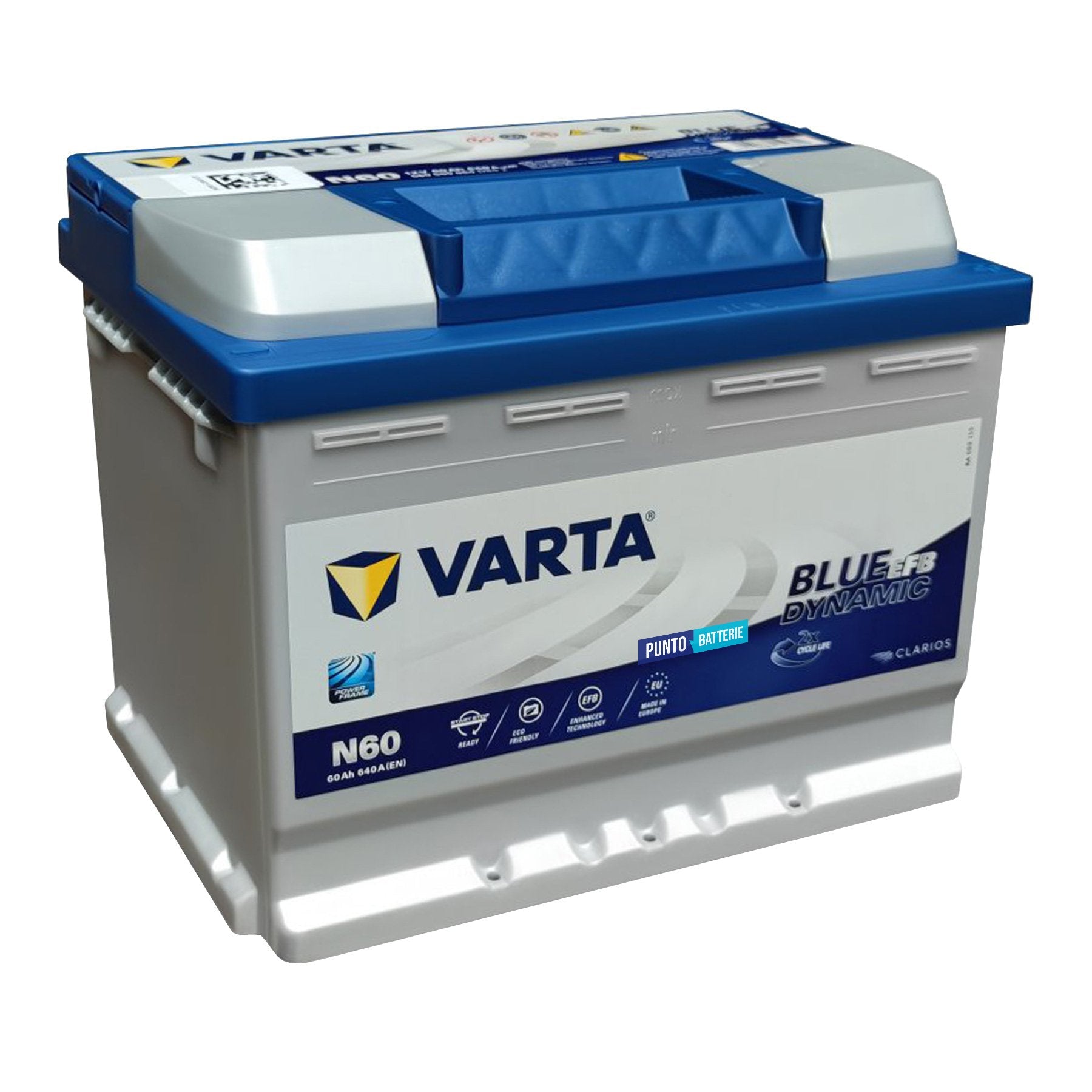 Batteria originale Varta Blue Dynamic EFB N60, dimensioni 242 x 175 x 190, polo positivo a destra, 12 volt, 60 amperora, 640 ampere, EFB. Batteria per auto e veicoli leggeri con start e stop.