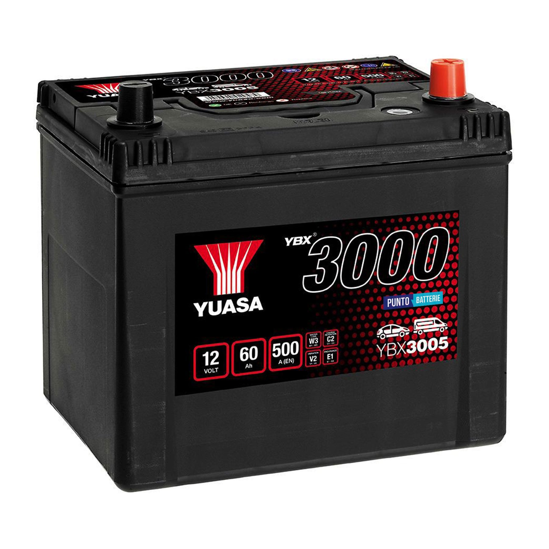 Batteria originale Yuasa YBX3000 YBX3005, dimensioni 231 x 173 x 225, polo positivo a destra, 12 volt, 60 amperora, 500 ampere. Batteria per auto e veicoli leggeri.