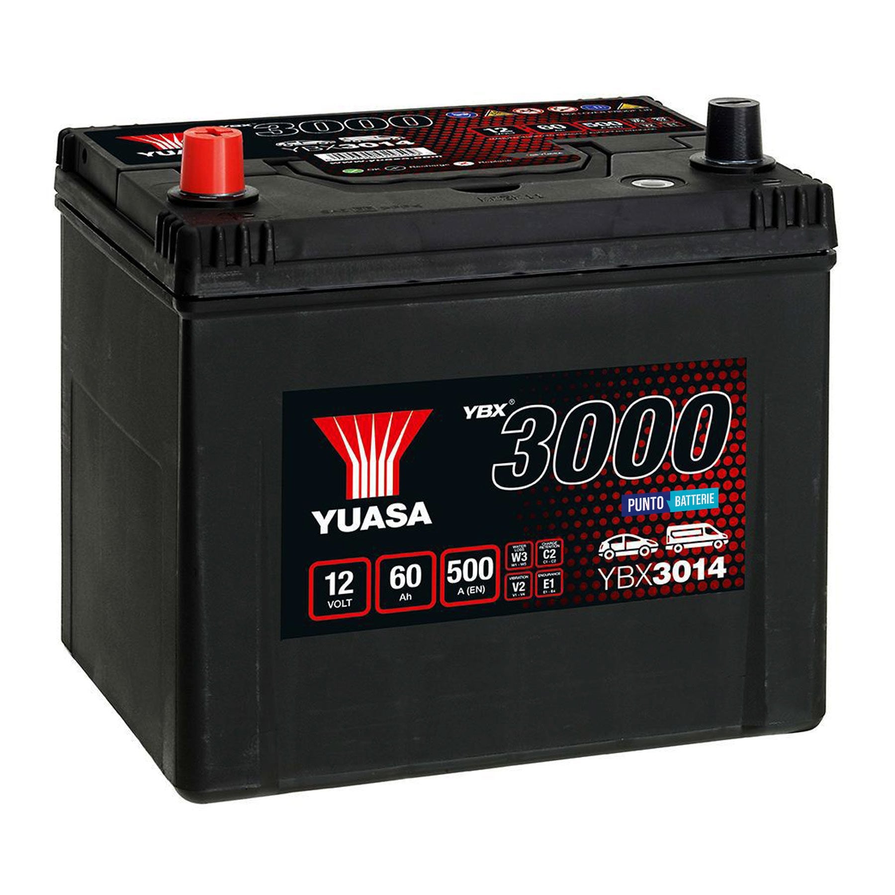 Batteria originale Yuasa YBX3000 YBX3014, dimensioni 231 x 173 x 225, polo positivo a sinistra, 12 volt, 60 amperora, 500 ampere. Batteria per auto e veicoli leggeri.