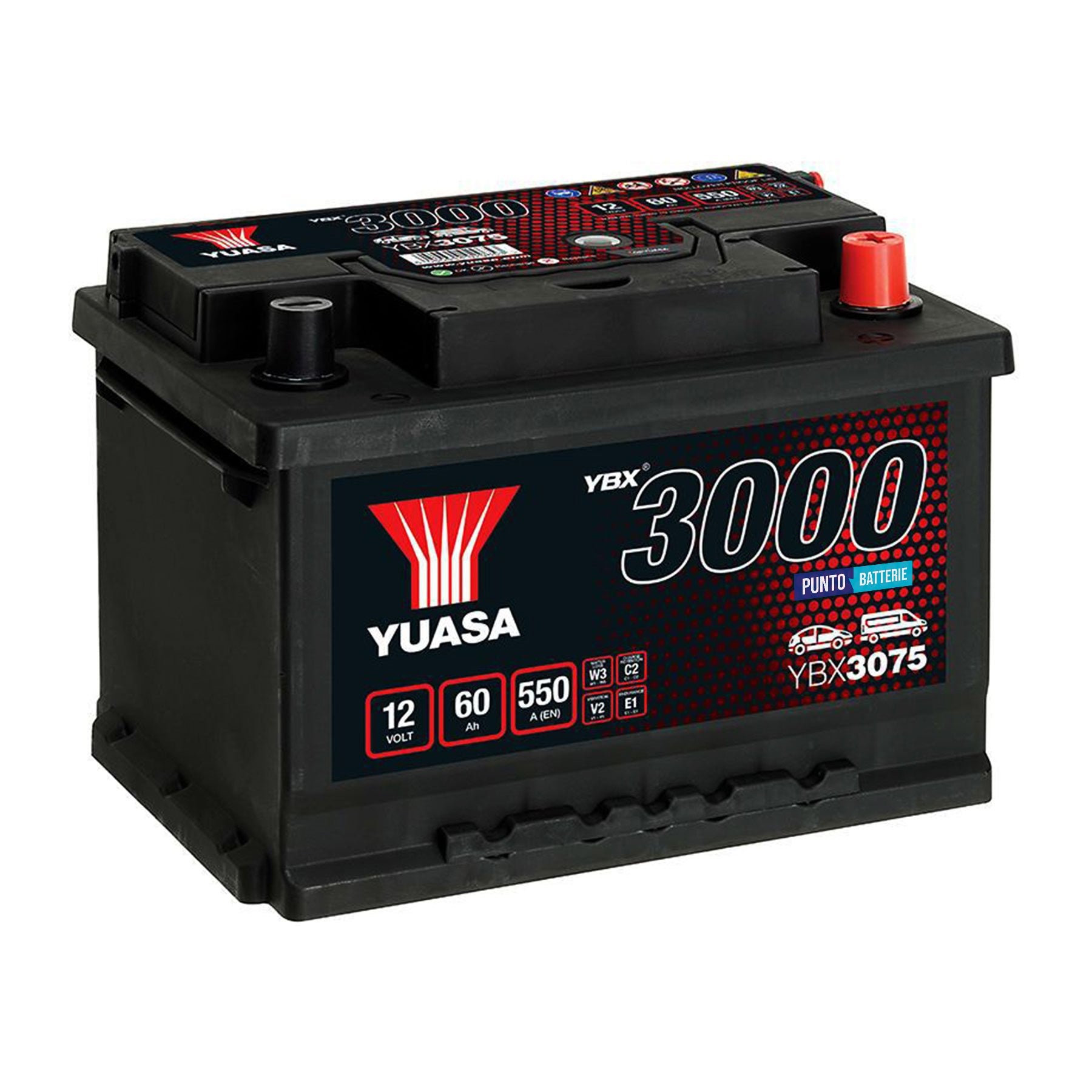 Batteria originale Yuasa YBX3000 YBX3075, dimensioni 245 x 175 x 175, polo positivo a destra, 12 volt, 60 amperora, 550 ampere. Batteria per auto e veicoli leggeri.