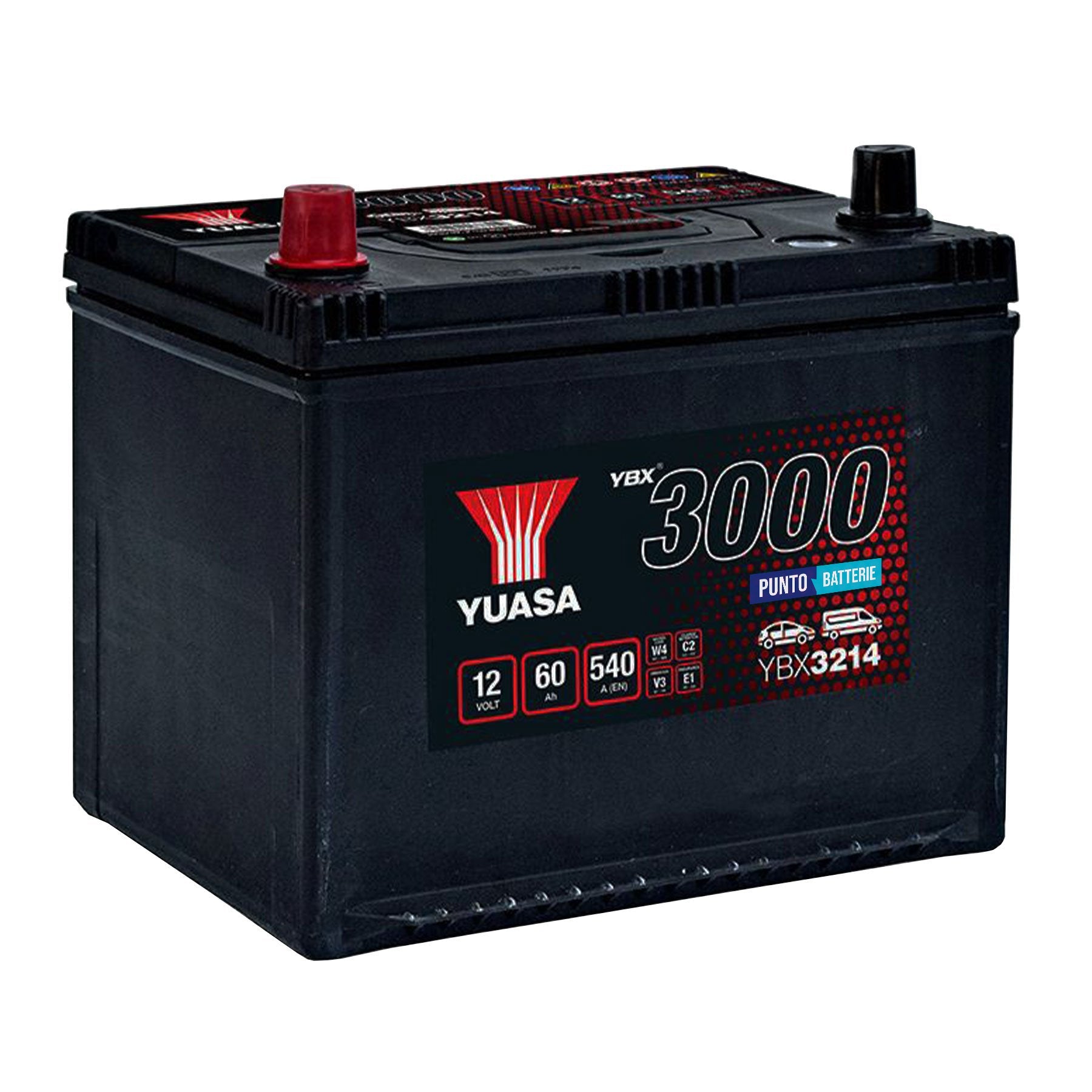 Batteria originale Yuasa YBX3000 YBX3214, dimensioni 230 x 174 x 205, polo positivo a sinistra, 12 volt, 60 amperora, 540 ampere. Batteria per auto e veicoli leggeri.