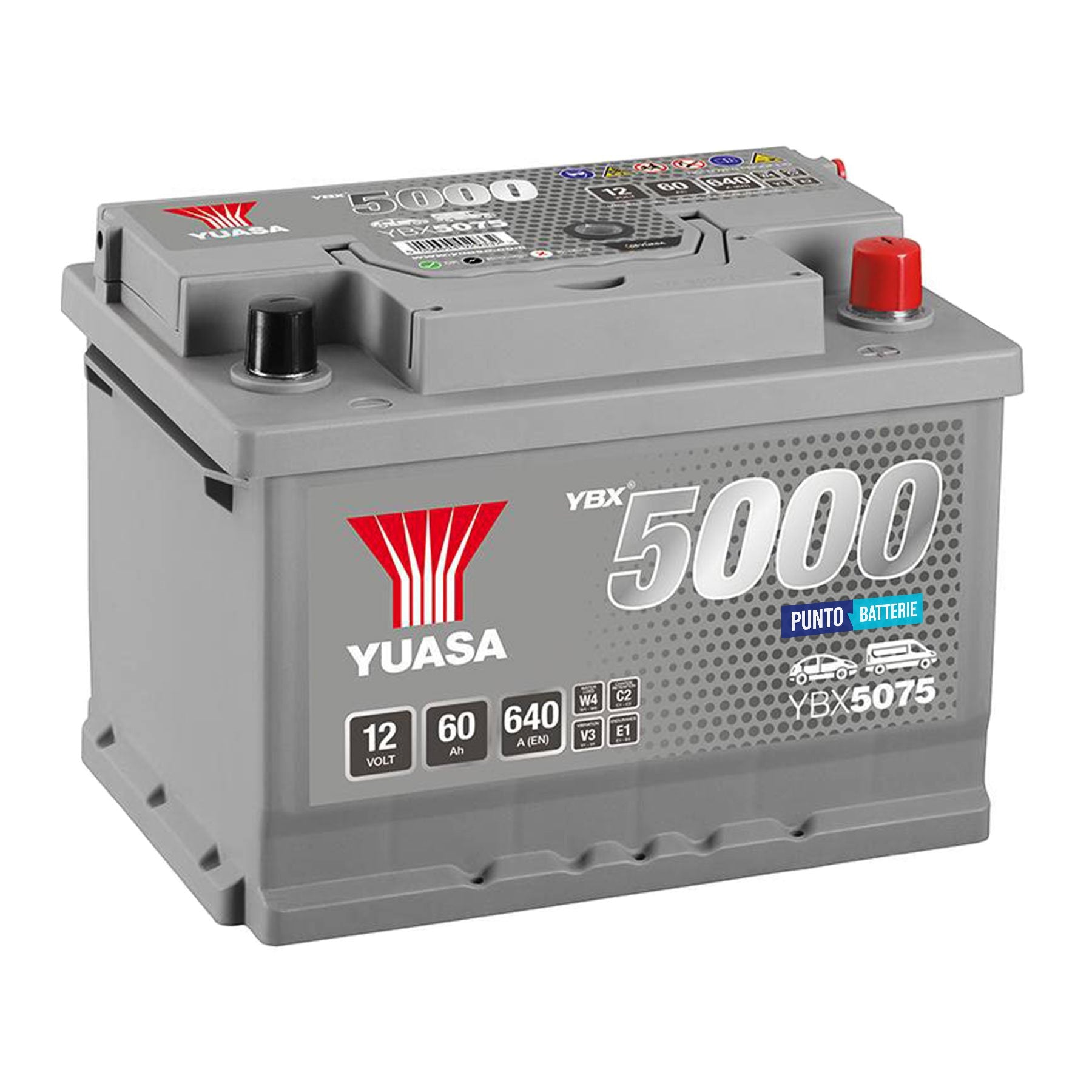 Batteria originale Yuasa YBX5000 YBX5075, dimensioni 243 x 175 x 175, polo positivo a destra, 12 volt, 60 amperora, 640 ampere. Batteria per auto e veicoli leggeri.