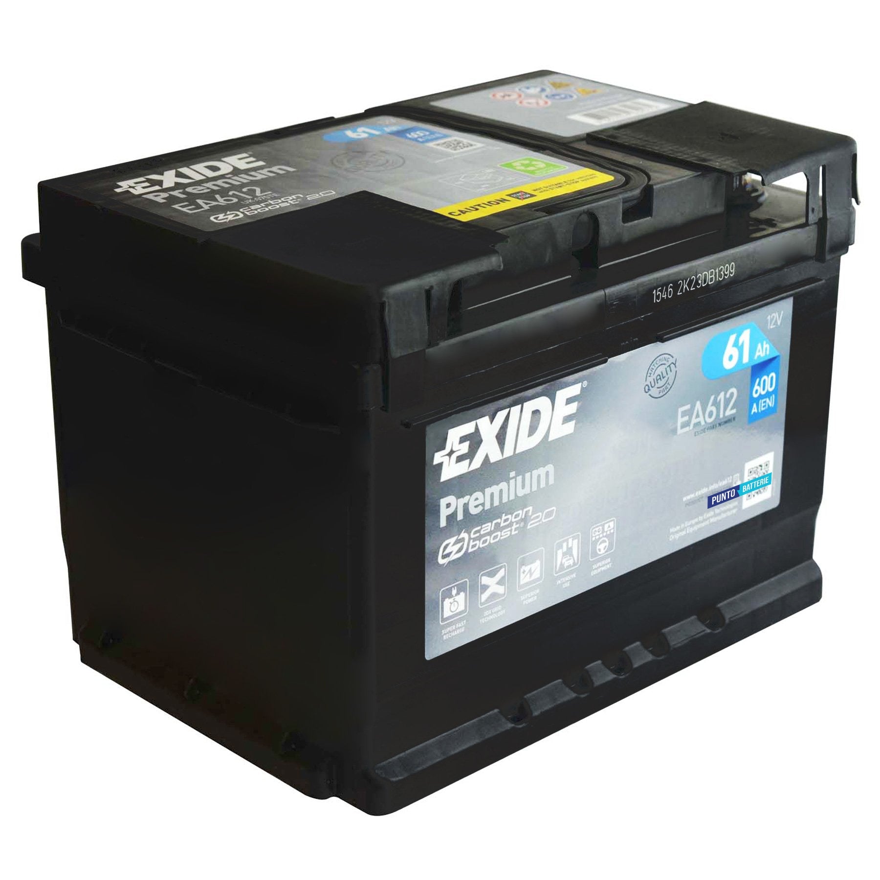 Batteria originale Exide Premium EA612, dimensioni 242 x 175 x 175, polo positivo a destra, 12 volt, 61 amperora, 600 ampere. Batteria per auto e veicoli leggeri.