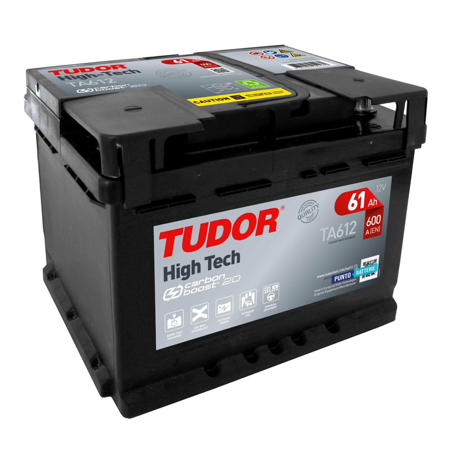 Batteria originale Tudor High Tech TA612, dimensioni 242 x 175 x 175, polo positivo a destra, 12 volt, 61 amperora, 600 ampere. Batteria per auto e veicoli leggeri.