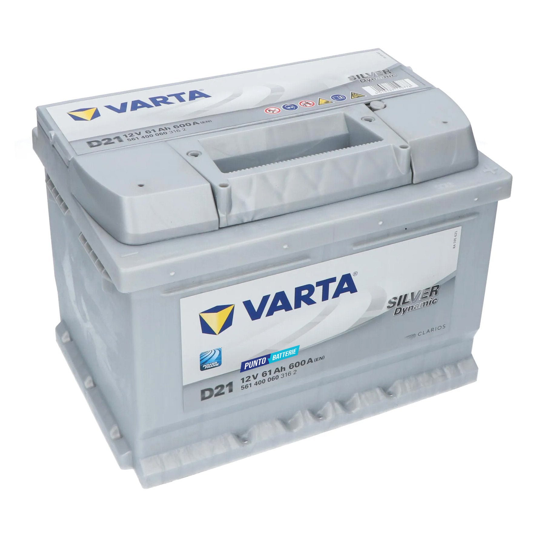 Batteria originale Varta Silver Dynamic D21, dimensioni 242 x 175 x 175, polo positivo a destra, 12 volt, 61 amperora, 600 ampere. Batteria per auto e veicoli leggeri.
