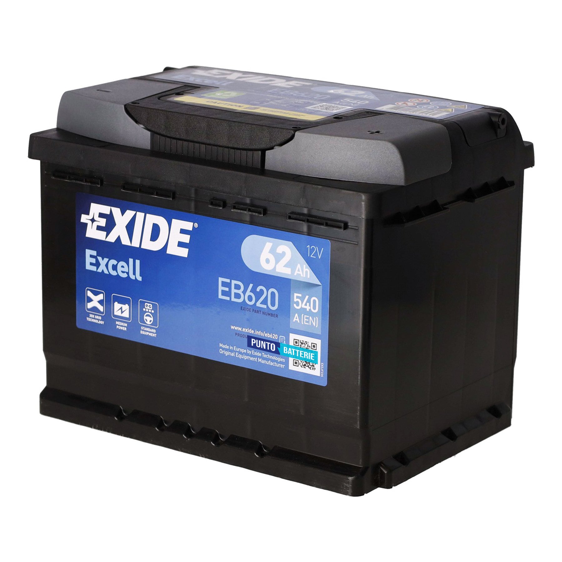 Batteria originale Exide Excell EB620, dimensioni 242 x 175 x 190, polo positivo a destra, 12 volt, 62 amperora, 540 ampere. Batteria per auto e veicoli leggeri.