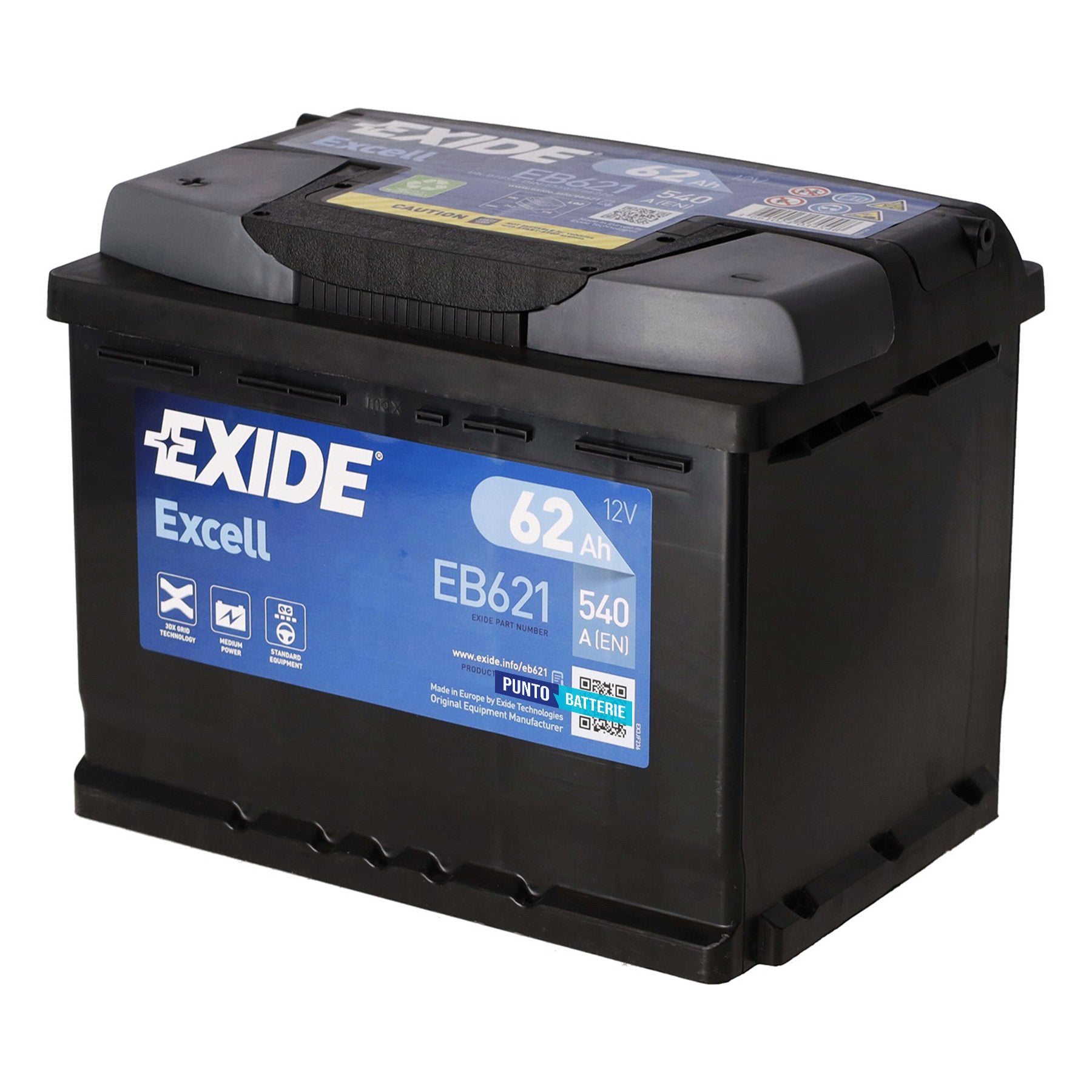 Batteria originale Exide Excell EB621, dimensioni 242 x 175 x 190, polo positivo a sinistra, 12 volt, 62 amperora, 540 ampere. Batteria per auto e veicoli leggeri.