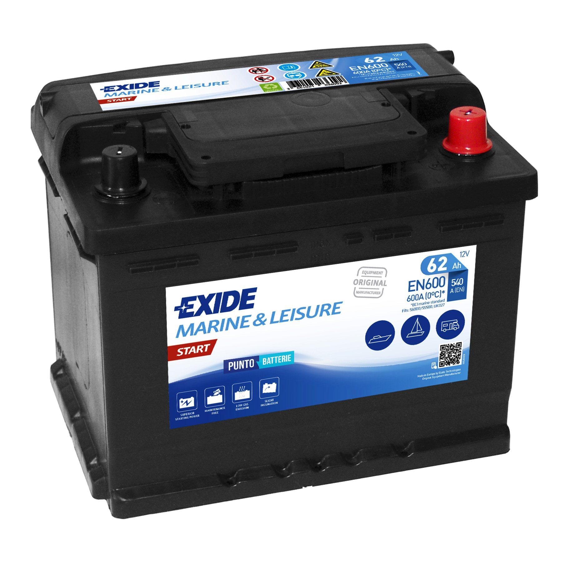 Batteria originale Exide Start EN600, dimensioni 242 x 175 x 190, 12 volt, 62 amperora. Batteria per nautica e campeggio.