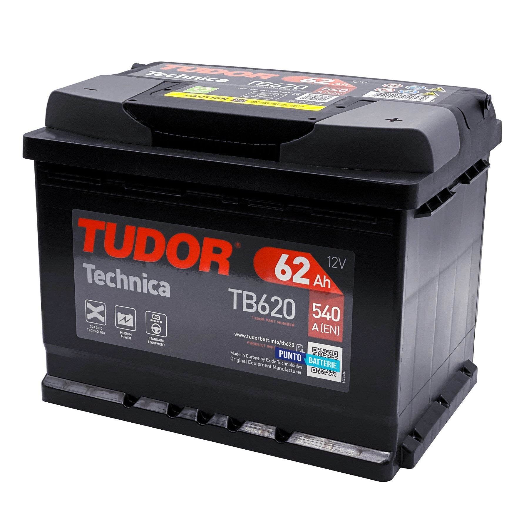 Batteria originale Tudor Technica TB620, dimensioni 242 x 175 x 190, polo positivo a destra, 12 volt, 62 amperora, 540 ampere. Batteria per auto e veicoli leggeri.