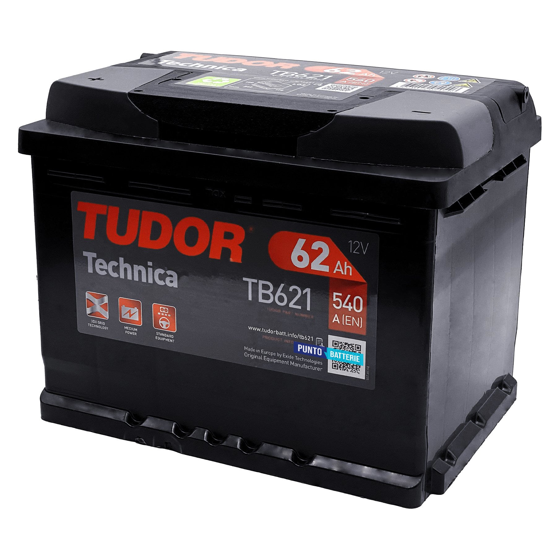 Batteria originale Tudor Technica TB621, dimensioni 242 x 175 x 190, polo positivo a sinistra, 12 volt, 62 amperora, 540 ampere. Batteria per auto e veicoli leggeri.