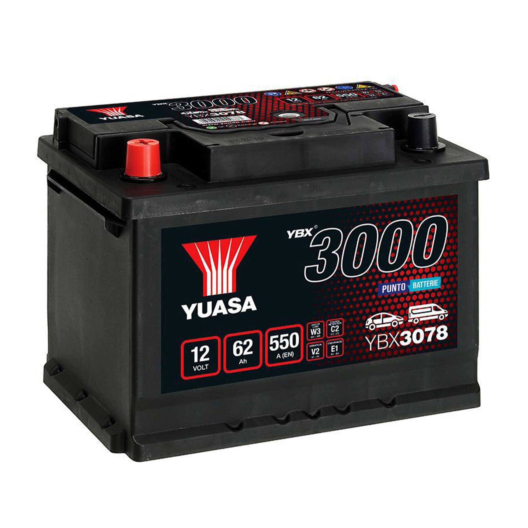 Batteria originale Yuasa YBX3000 YBX3078, dimensioni 242 x 175 x 190, polo positivo a sinistra, 12 volt, 62 amperora, 550 ampere. Batteria per auto e veicoli leggeri.