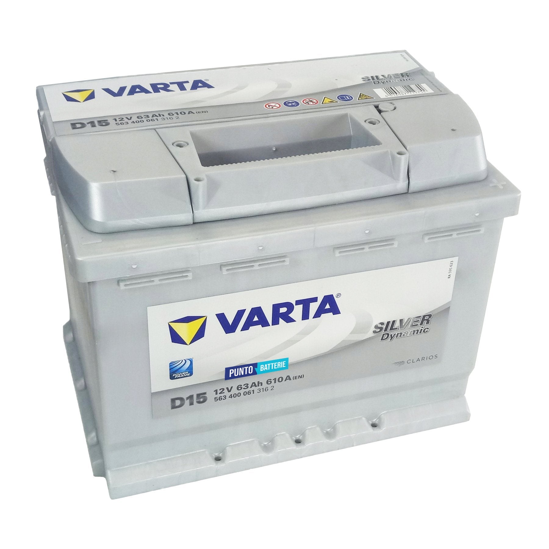 Batteria originale Varta Silver Dynamic D15, dimensioni 242 x 175 x 190, polo positivo a destra, 12 volt, 63 amperora, 610 ampere. Batteria per auto e veicoli leggeri.