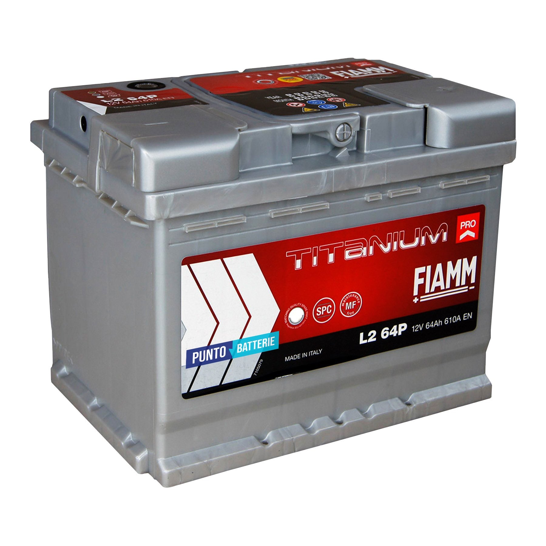 Batteria originale Fiamm Titanium PRO L2 64P, dimensioni 242 x 175 x 190, polo positivo a destra, 12 volt, 64 amperora, 610 ampere. Batteria per auto e veicoli leggeri.