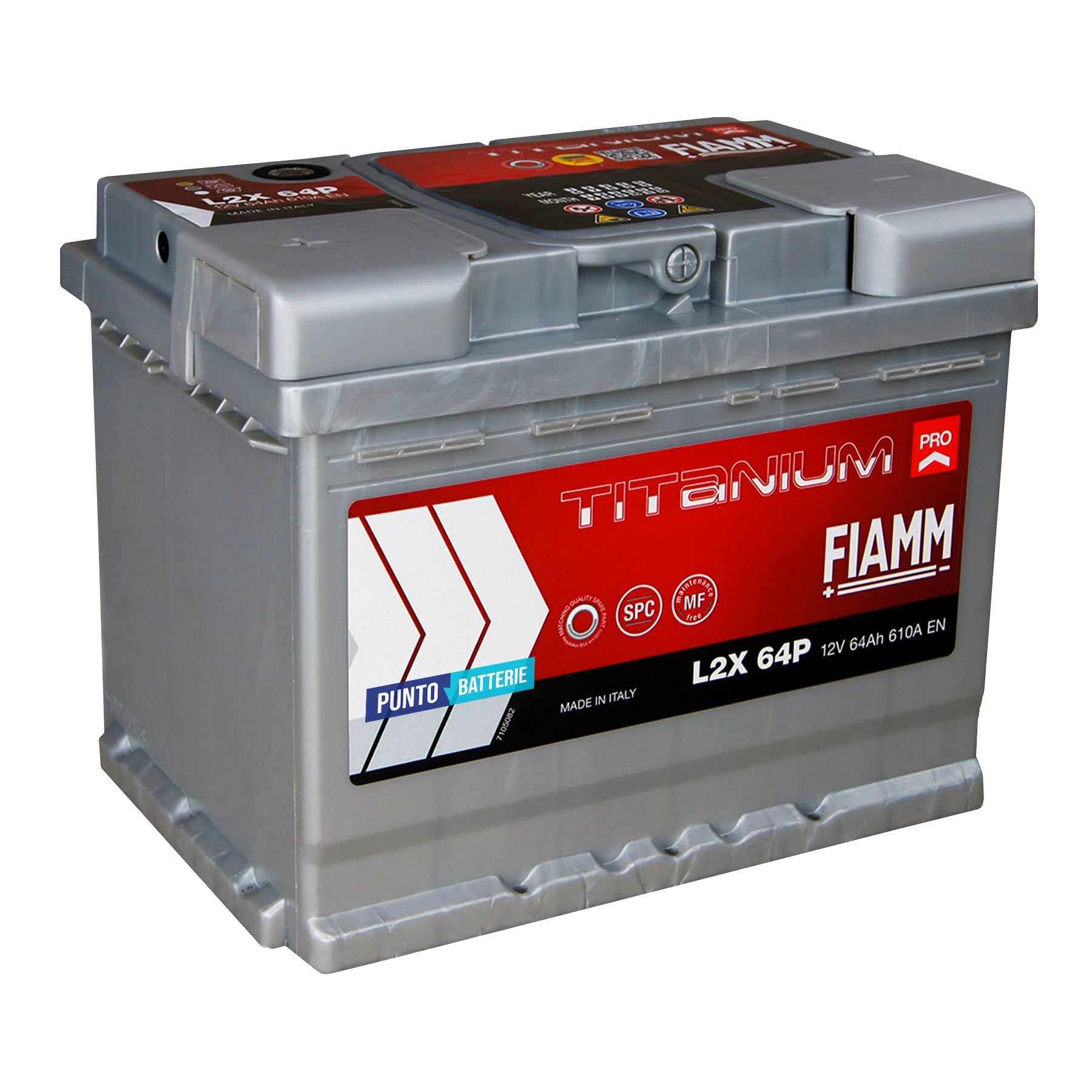 Batteria originale Fiamm Titanium PRO L2X 64P, dimensioni 242 x 175 x 190, polo positivo a sinistra, 12 volt, 64 amperora, 610 ampere. Batteria per auto e veicoli leggeri.