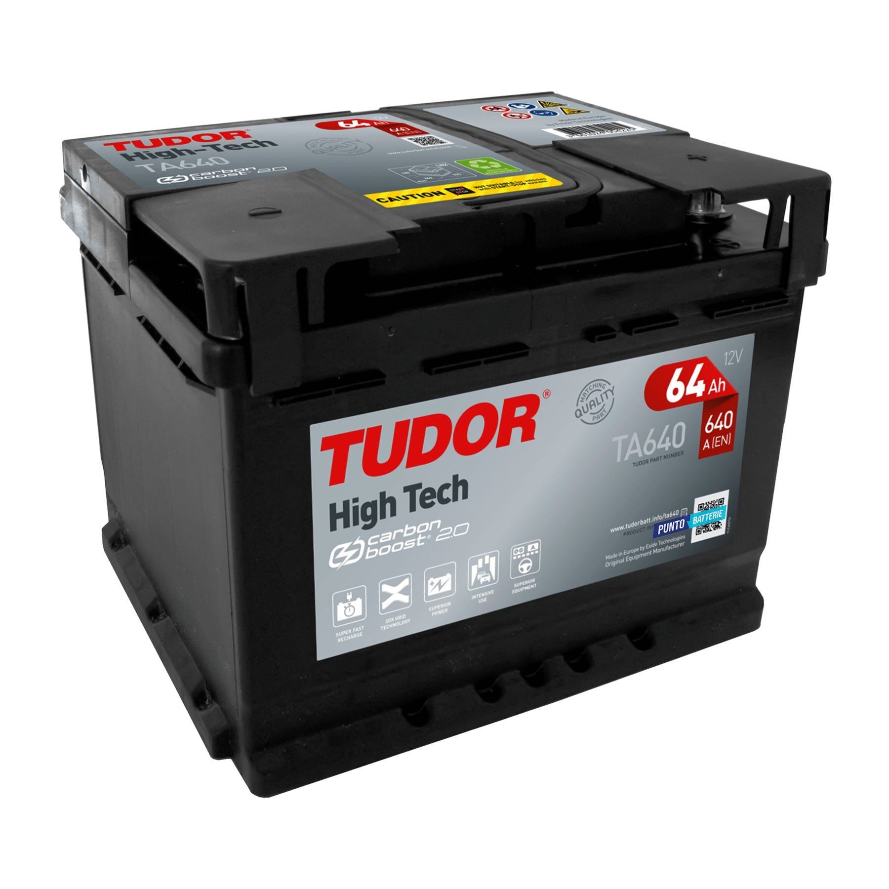 Batteria originale Tudor High Tech TA640, dimensioni 242 x 175 x 190, polo positivo a destra, 12 volt, 64 amperora, 640 ampere. Batteria per auto e veicoli leggeri.