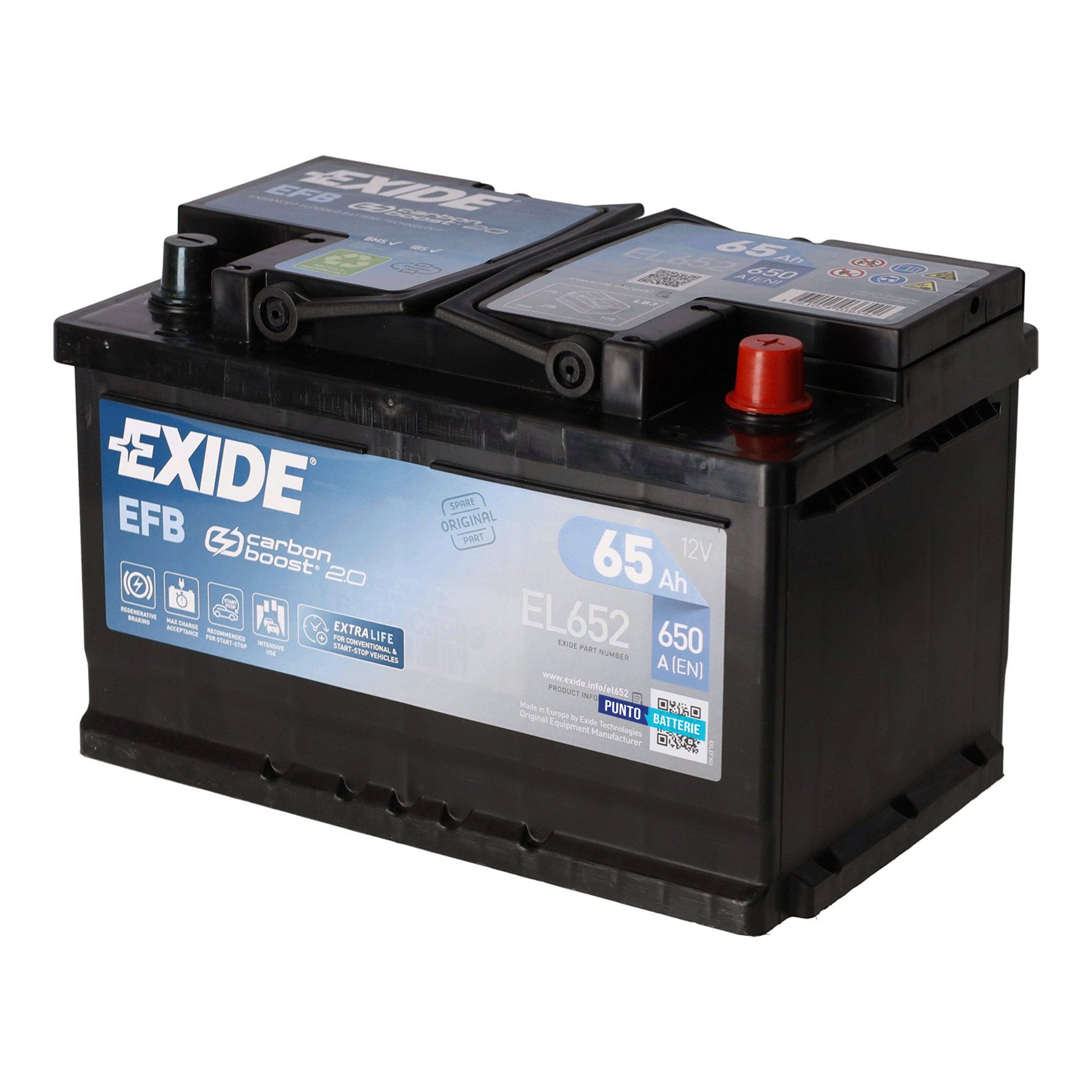 Batteria originale Exide EFB EL652, dimensioni 278 x 175 x 175, polo positivo a destra, 12 volt, 65 amperora, 650 ampere, EFB. Batteria per auto e veicoli leggeri con start e stop.