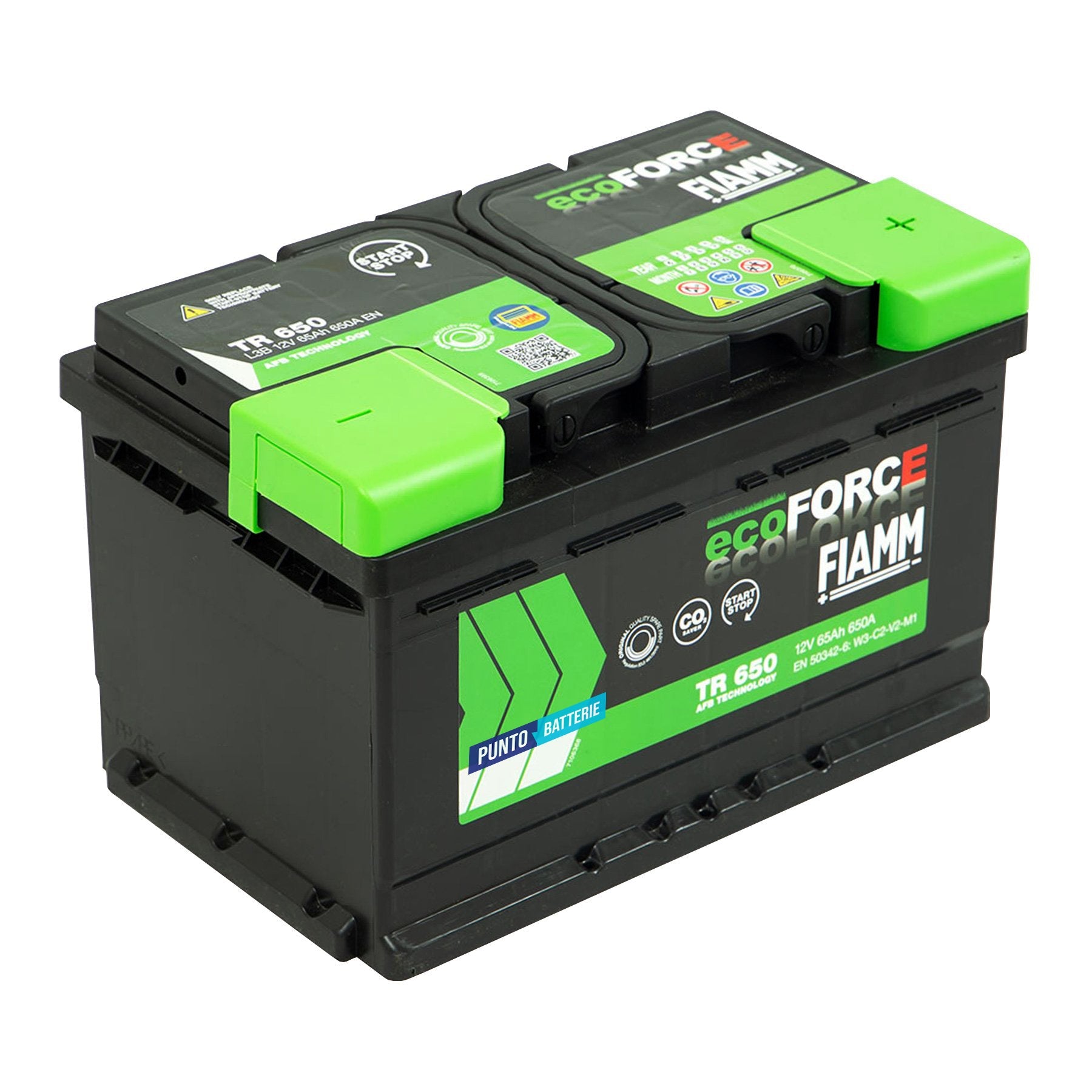 Batteria originale Fiamm EcoFORCE AFB TR 650, dimensioni 278 x 175 x 175, polo positivo a destra, 12 volt, 65 amperora, 650 ampere, EFB. Batteria per auto e veicoli leggeri con start e stop.