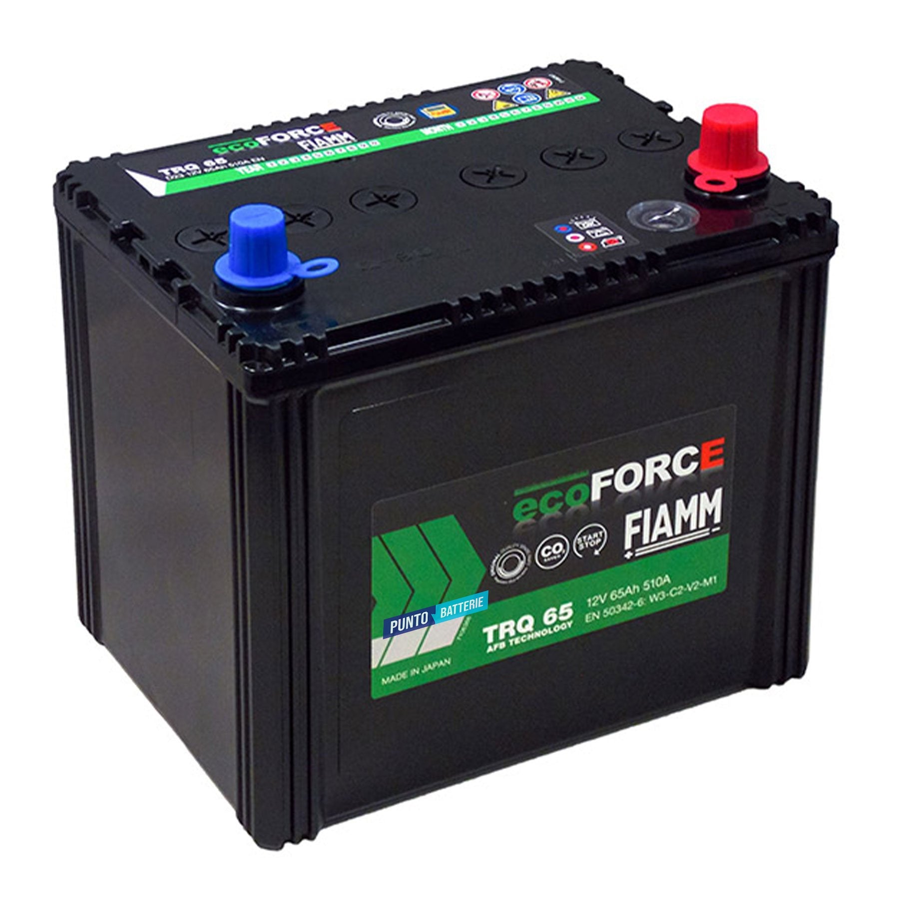 Batteria originale Fiamm EcoFORCE AFB TRQ 65, dimensioni 232 x 173 x 225, polo positivo a destra, 12 volt, 65 amperora, 510 ampere, EFB. Batteria per auto e veicoli leggeri con start e stop.