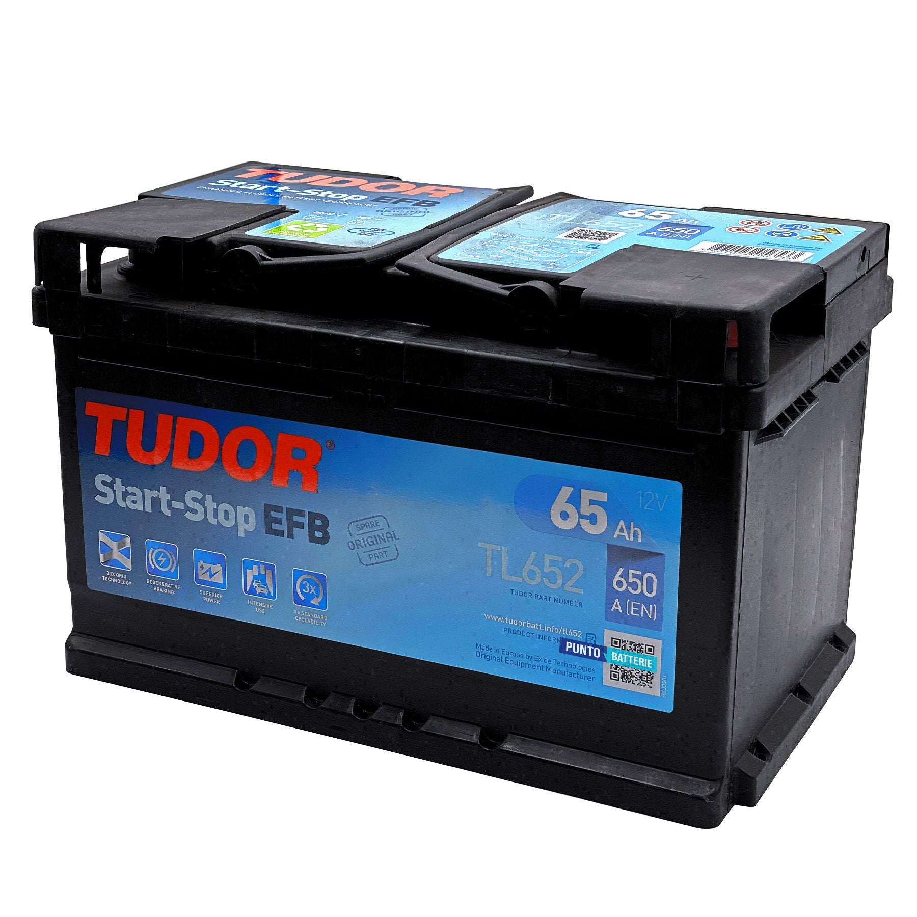Batteria originale Tudor EFB TL652, dimensioni 278 x 175 x 175, polo positivo a destra, 12 volt, 65 amperora, 650 ampere, EFB. Batteria per auto e veicoli leggeri con start e stop.