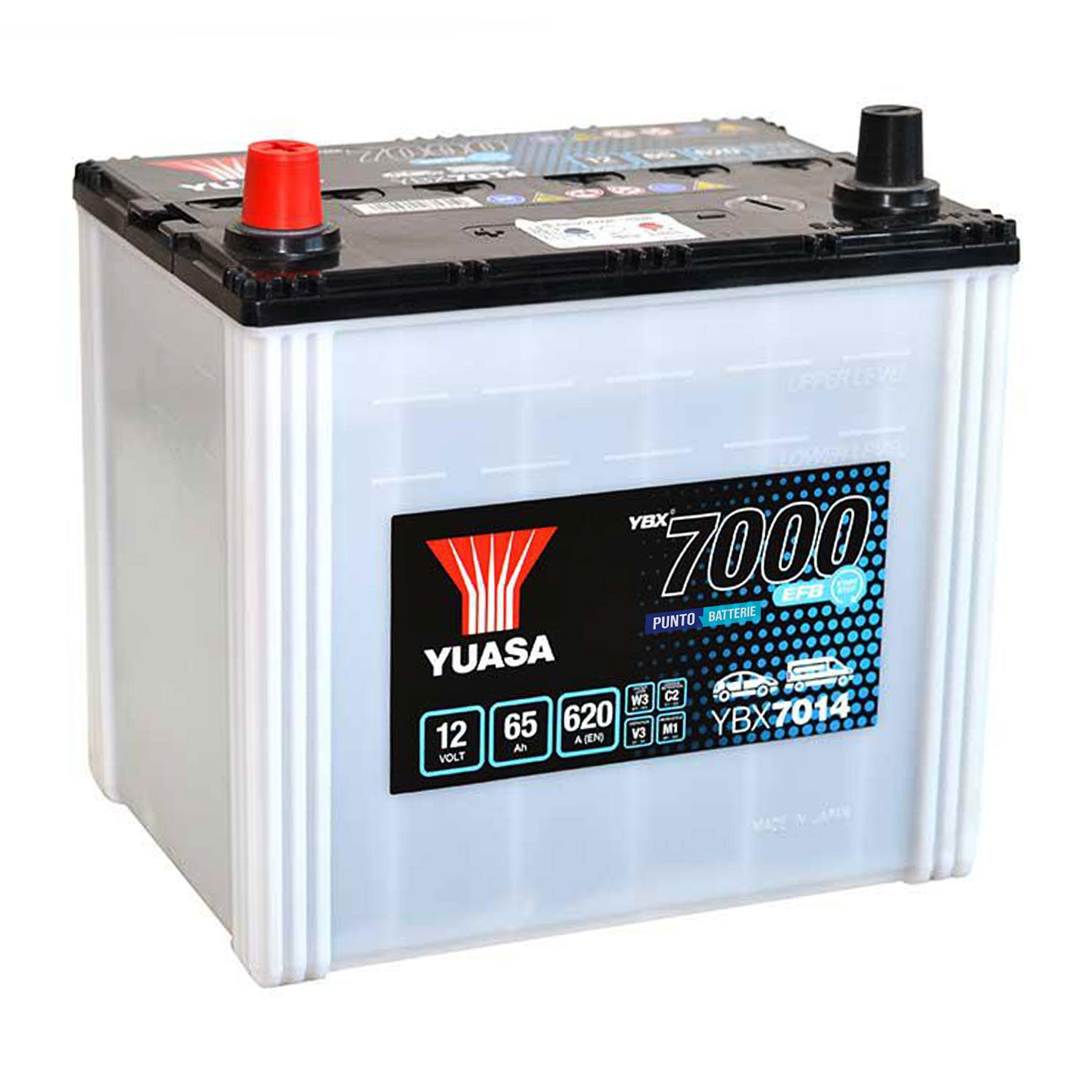 Batteria originale Yuasa YBX7000 YBX7014, dimensioni 232 x 173 x 225, polo positivo a sinistra, 12 volt, 65 amperora, 620 ampere, EFB. Batteria per auto e veicoli leggeri con start e stop.