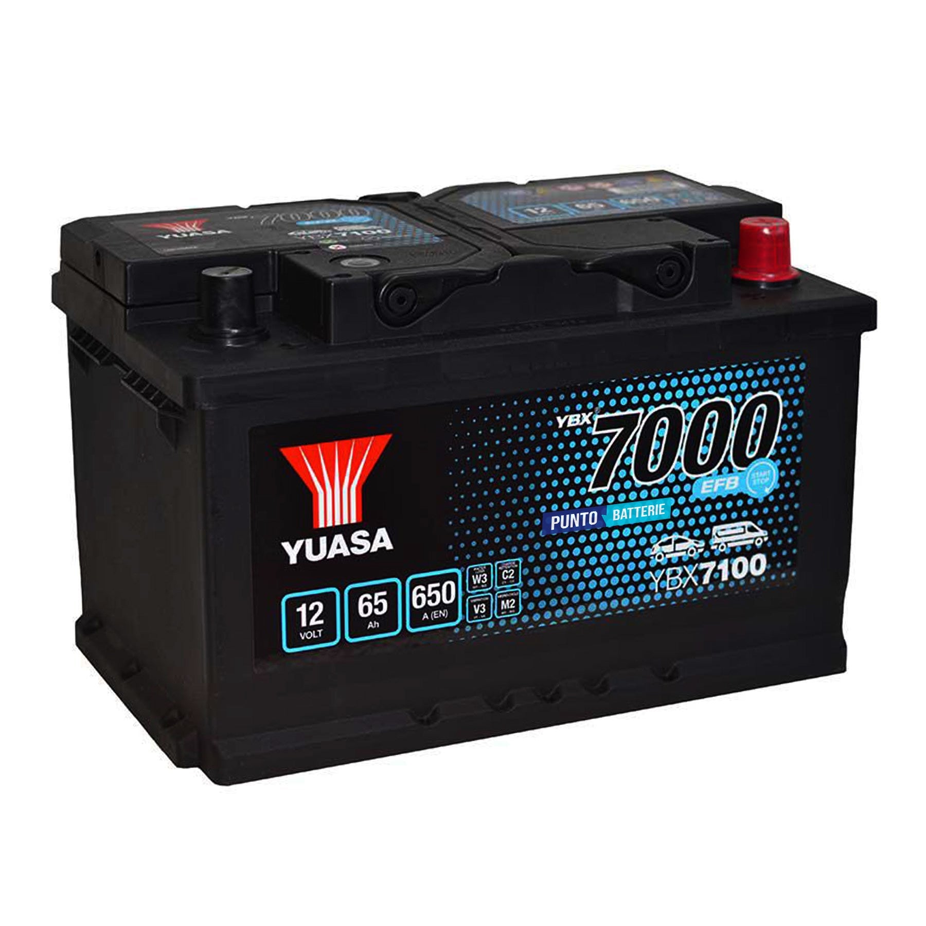 Batteria originale Yuasa YBX7000 YBX7100, dimensioni 277 x 175 x 175, polo positivo a destra, 12 volt, 65 amperora, 650 ampere, EFB. Batteria per auto e veicoli leggeri con start e stop.