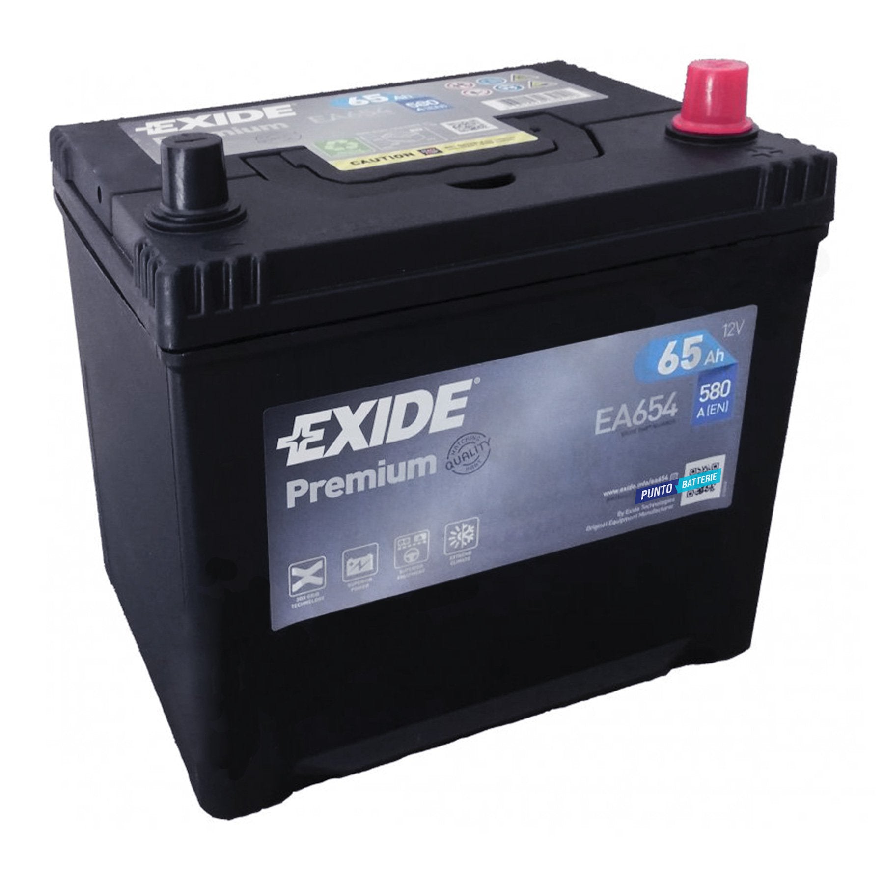 Batteria originale Exide Premium EA654, dimensioni 230 x 173 x 222, polo positivo a destra, 12 volt, 65 amperora, 580 ampere. Batteria per auto e veicoli leggeri.