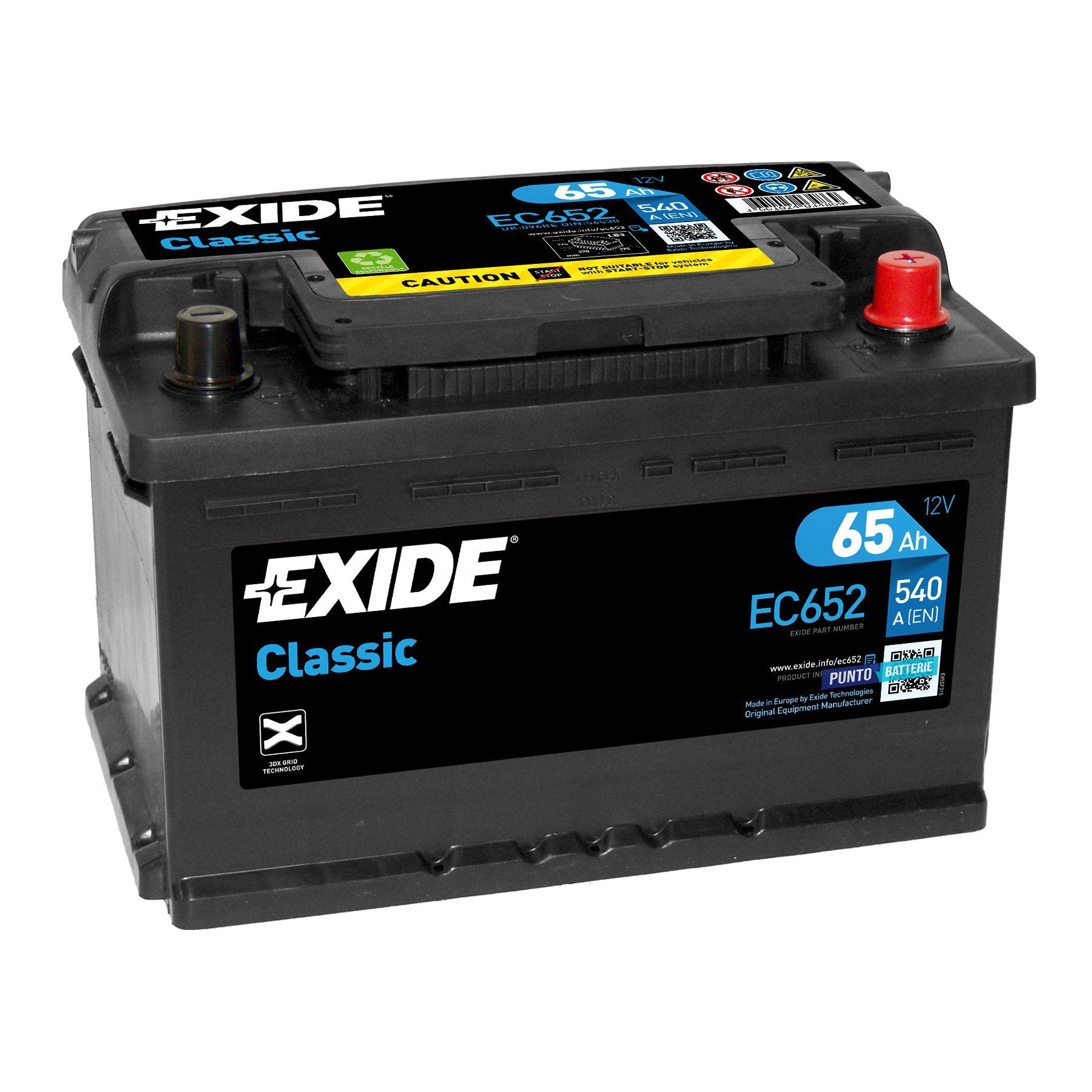 Batteria originale Exide Classic EC652, dimensioni 278 x 175 x 175, polo positivo a destra, 12 volt, 65 amperora, 540 ampere. Batteria per auto e veicoli leggeri.