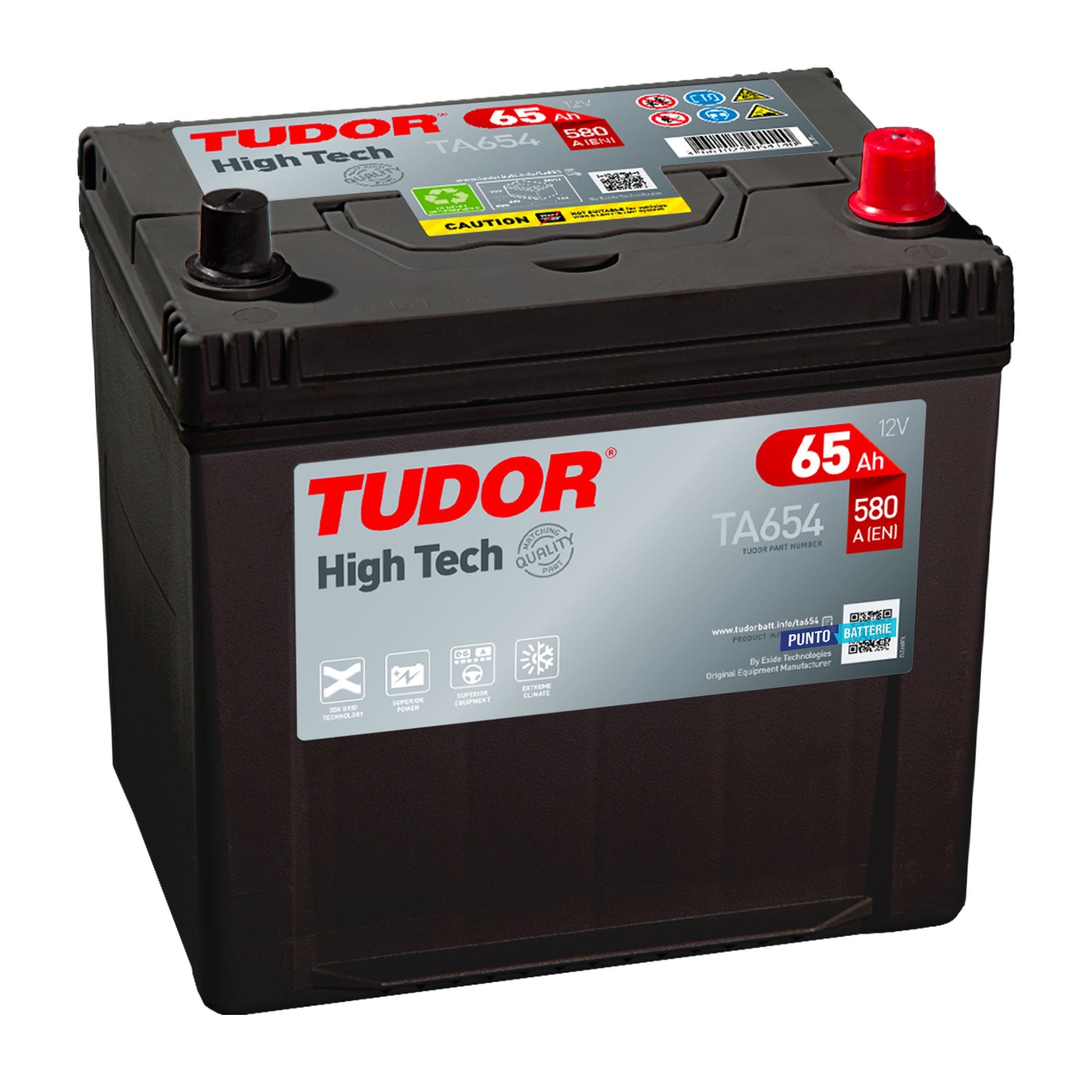 Batteria originale Tudor High Tech TA654, dimensioni 230 x 173 x 222, polo positivo a destra, 12 volt, 65 amperora, 580 ampere. Batteria per auto e veicoli leggeri.