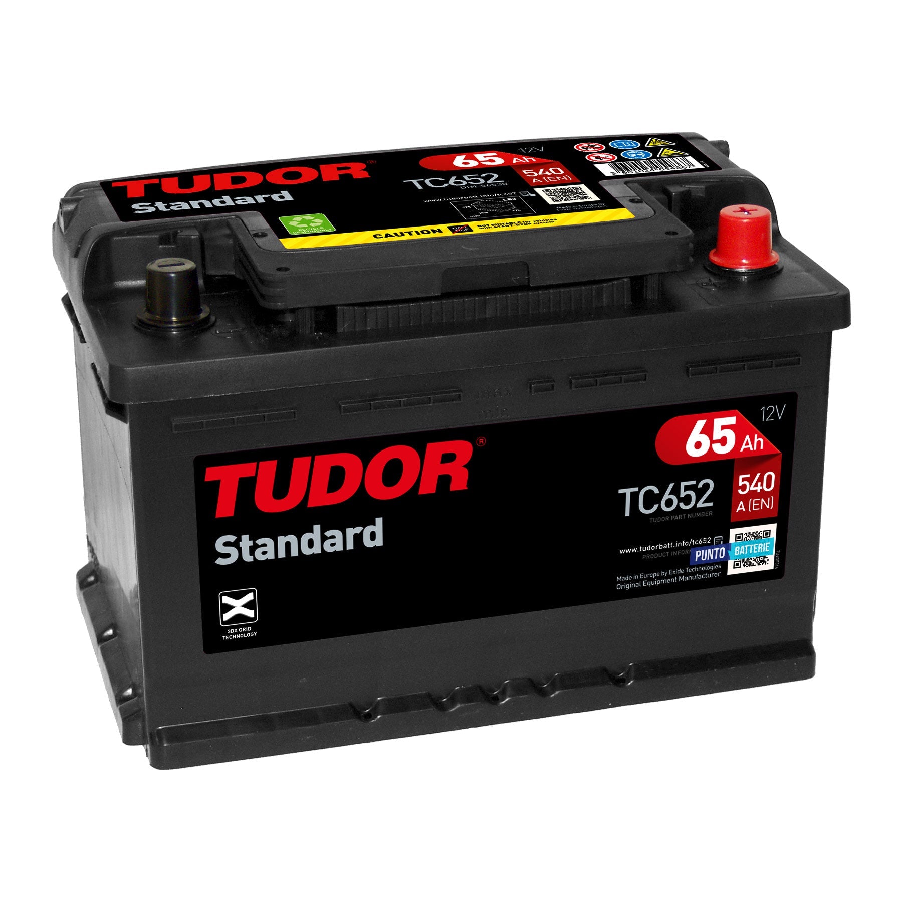 Batteria originale Tudor Standard TC652, dimensioni 278 x 175 x 175, polo positivo a destra, 12 volt, 65 amperora, 540 ampere. Batteria per auto e veicoli leggeri.