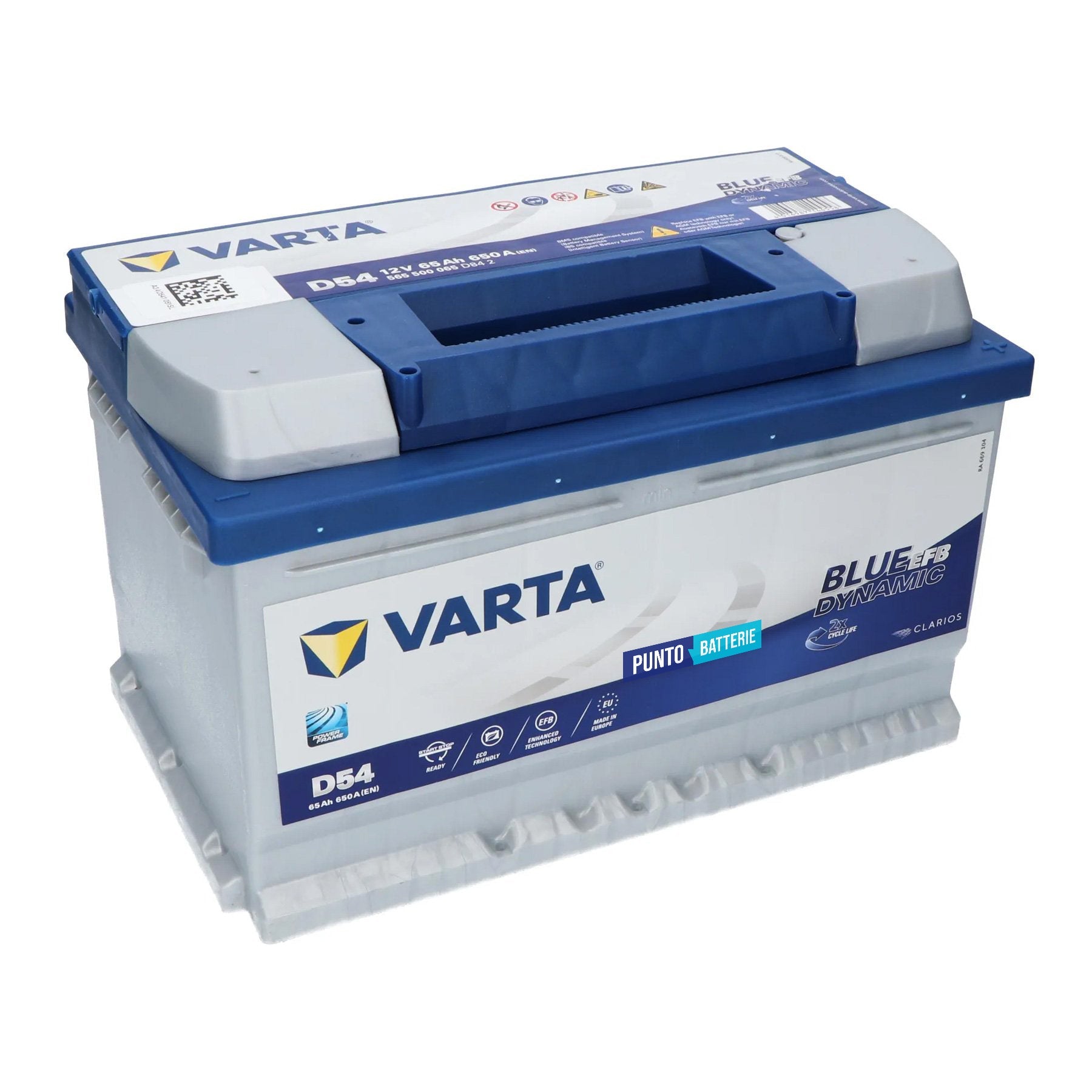 Batteria originale Varta Blue Dynamic EFB D54, dimensioni 278 x 175 x 175, polo positivo a destra, 12 volt, 65 amperora, 650 ampere, EFB. Batteria per auto e veicoli leggeri con start e stop.