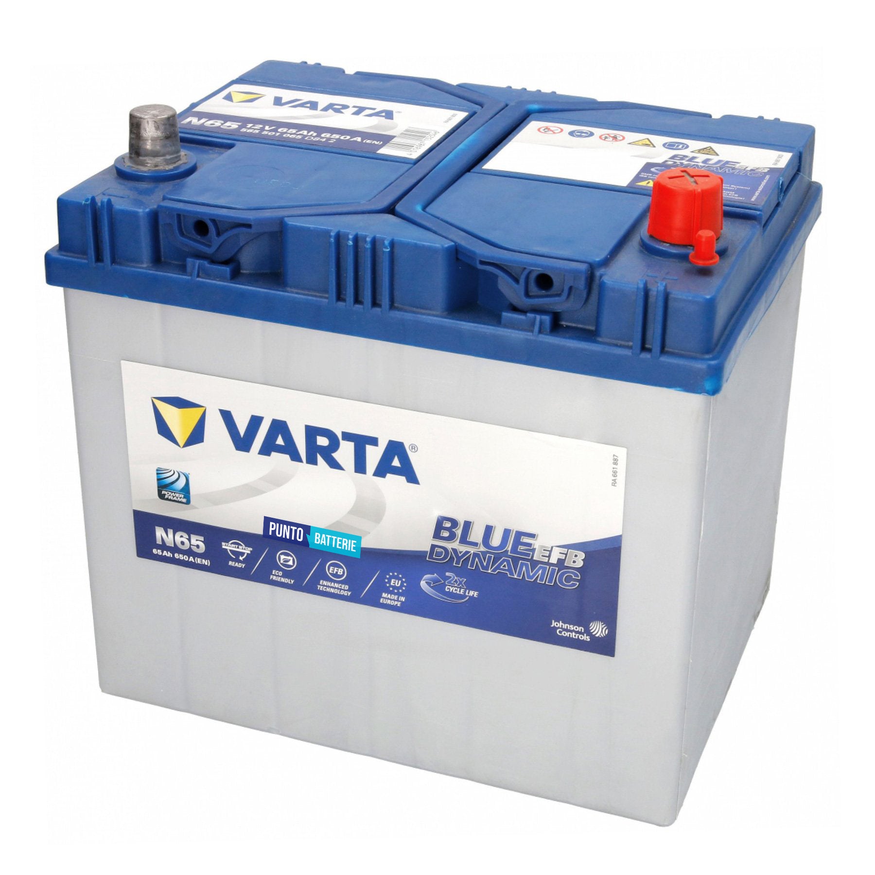 Batteria originale Varta Blue Dynamic EFB N65, dimensioni 232 x 173 x 225, polo positivo a destra, 12 volt, 65 amperora, 650 ampere, EFB. Batteria per auto e veicoli leggeri con start e stop.