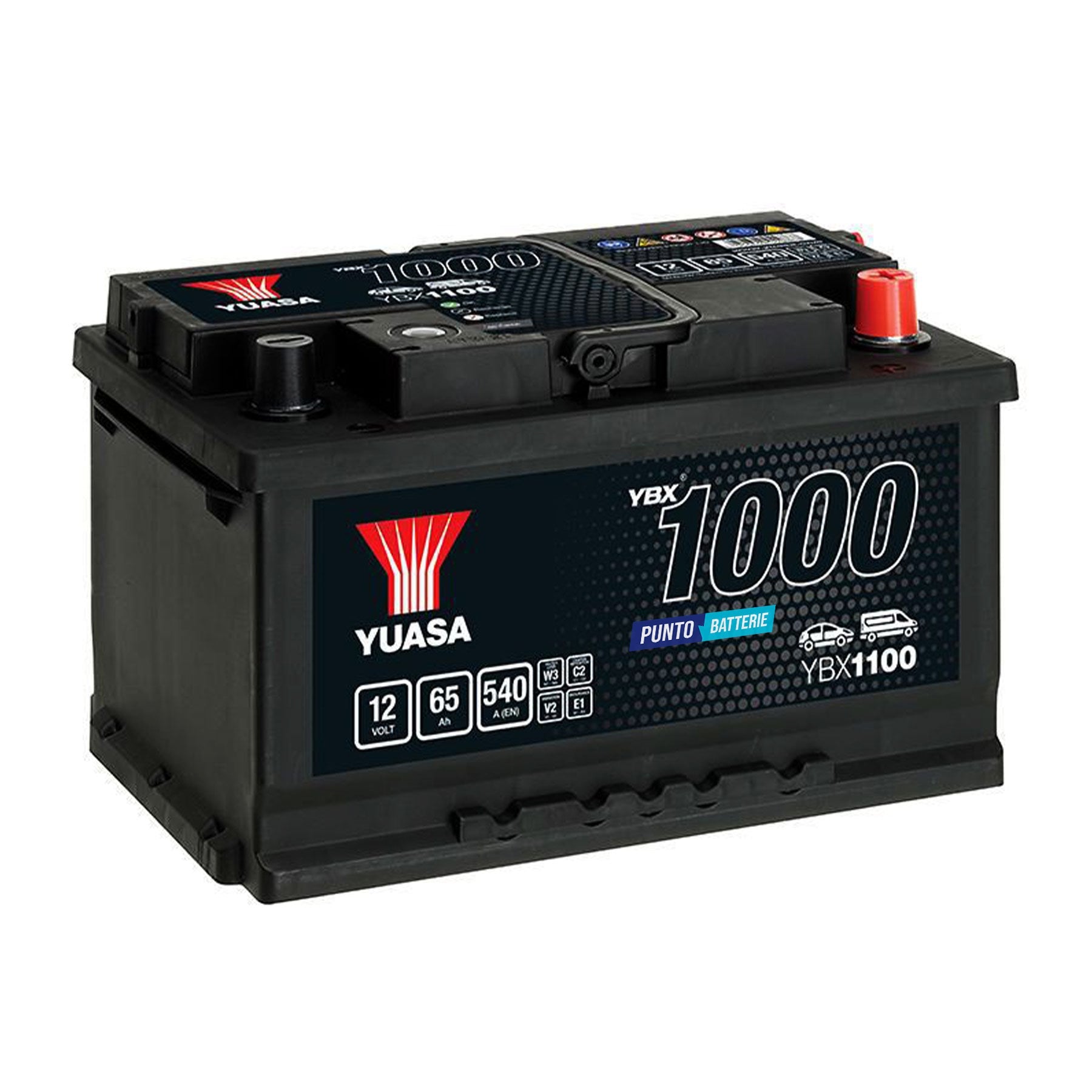 Batteria originale Yuasa YBX1000 YBX1100, dimensioni 278 x 175 x 175, polo positivo a destra, 12 volt, 65 amperora, 540 ampere. Batteria per auto e veicoli leggeri.