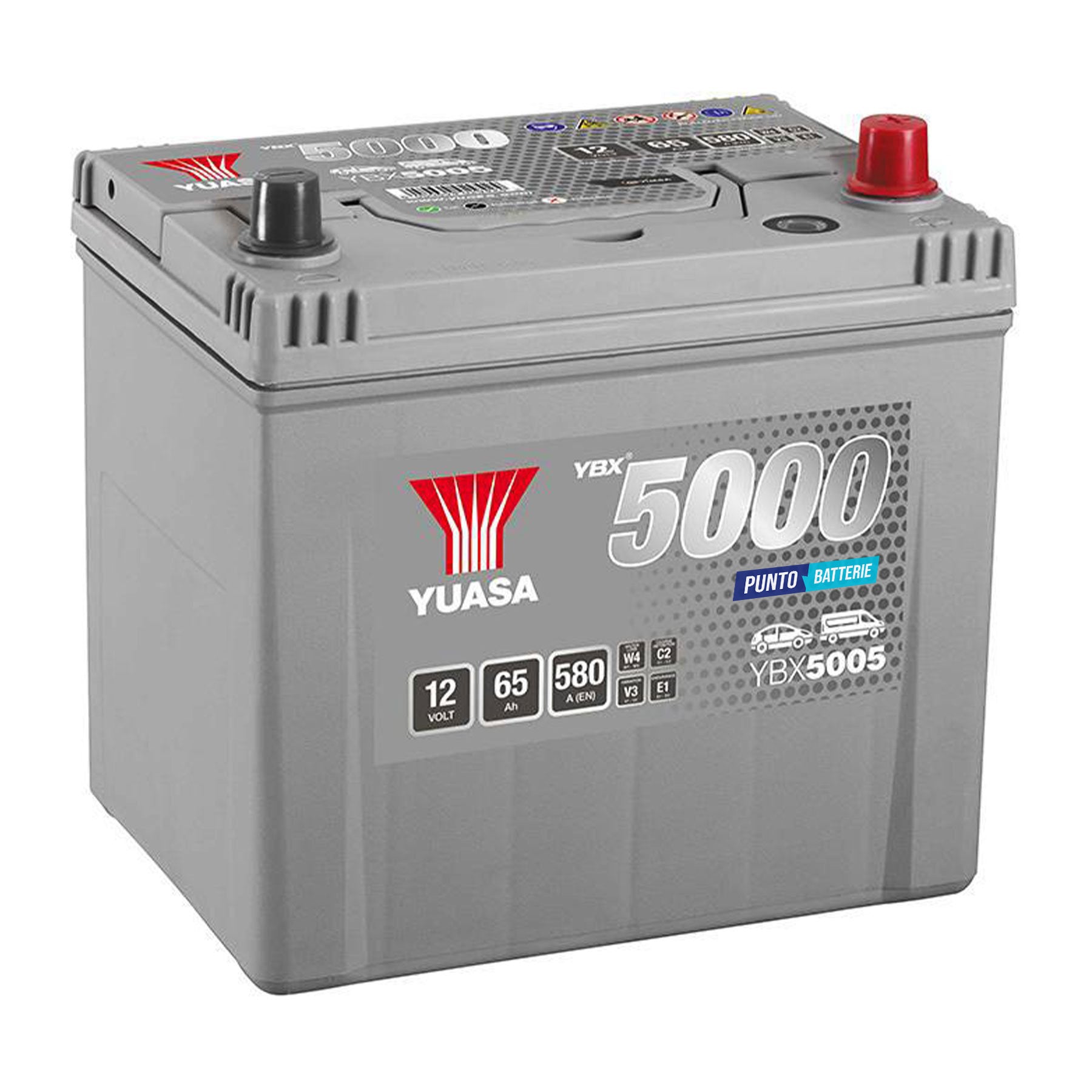Batteria originale Yuasa YBX5000 YBX5005, dimensioni 232 x 173 x 225, polo positivo a destra, 12 volt, 65 amperora, 580 ampere. Batteria per auto e veicoli leggeri.