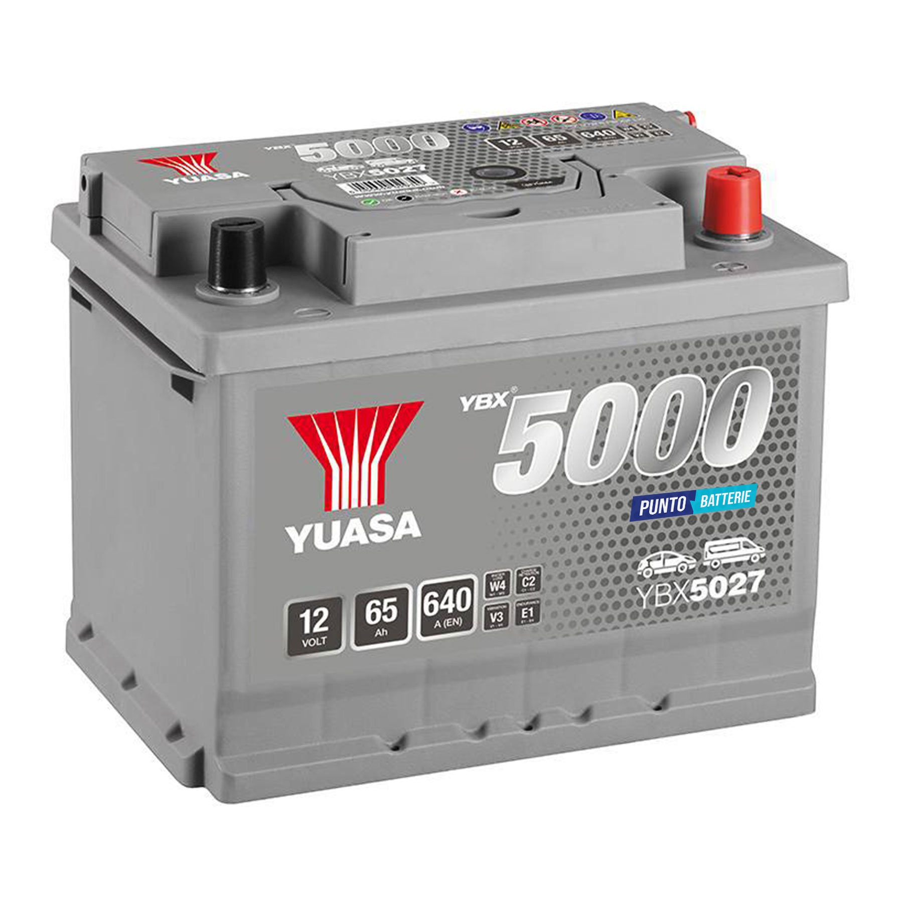 Batteria originale Yuasa YBX5000 YBX5027, dimensioni 243 x 175 x 190, polo positivo a destra, 12 volt, 65 amperora, 640 ampere. Batteria per auto e veicoli leggeri.