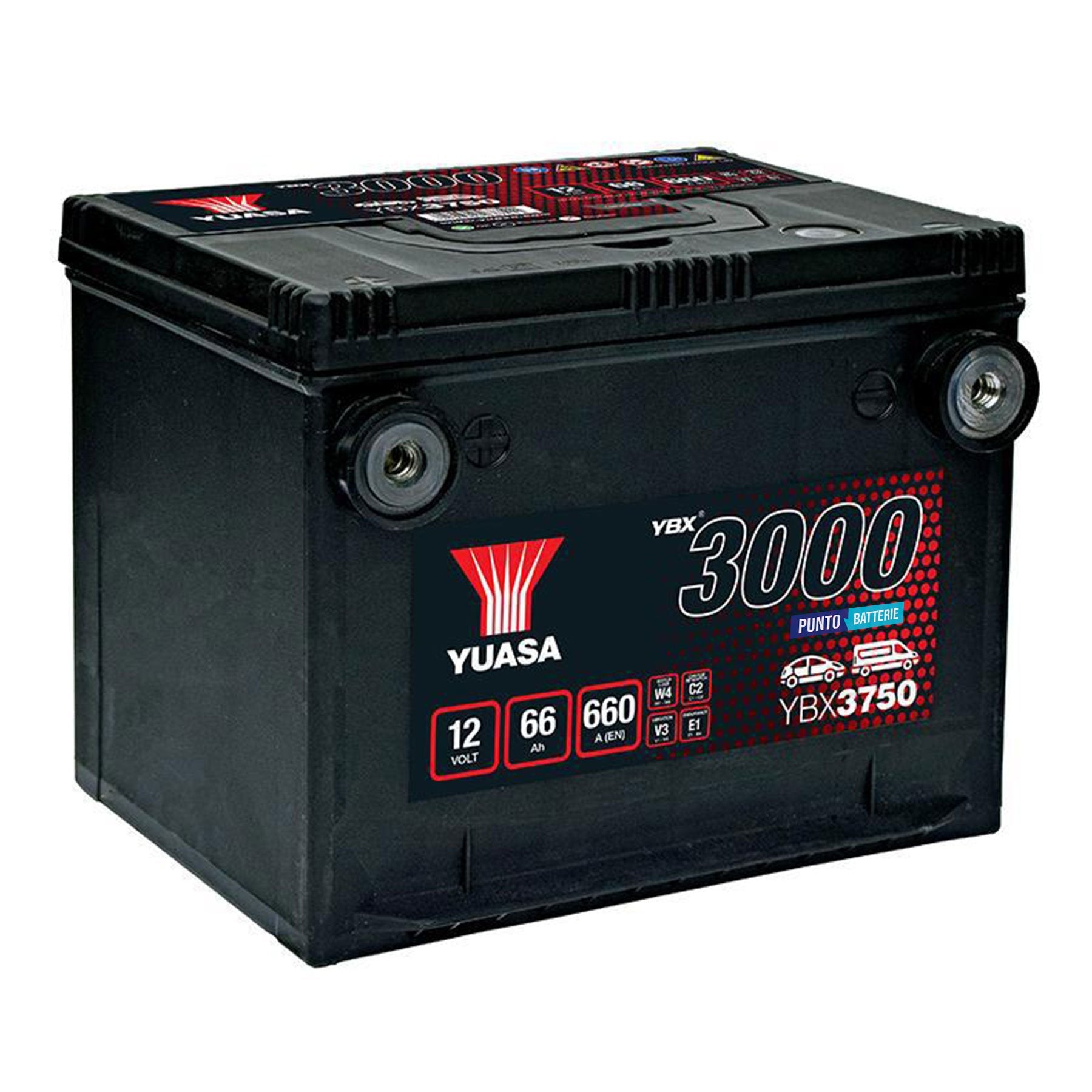Batteria originale Yuasa YBX3000 YBX3750, dimensioni 230 x 179 x 185, polo positivo a sinistra, 12 volt, 66 amperora, 660 ampere. Batteria per auto e veicoli leggeri.