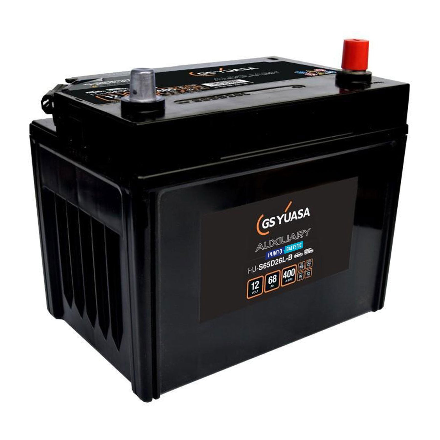 Batteria originale Yuasa Ausiliarie e Backup HJ-S65D26L-B, dimensioni 257 x 171 x 227, polo positivo a destra, 12 volt, 68 amperora, 400 ampere, AGM. Batteria ausiliaria per auto e veicoli leggeri con start e stop.