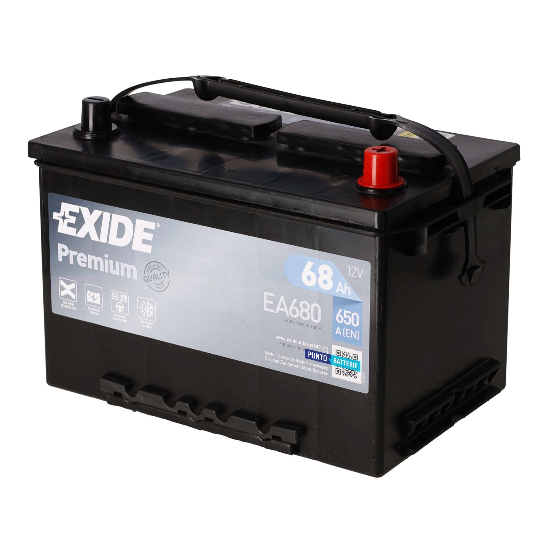 Batteria originale Exide Premium EA680, dimensioni 277 x 175 x 190, polo positivo a destra, 12 volt, 68 amperora, 650 ampere. Batteria per auto e veicoli leggeri.